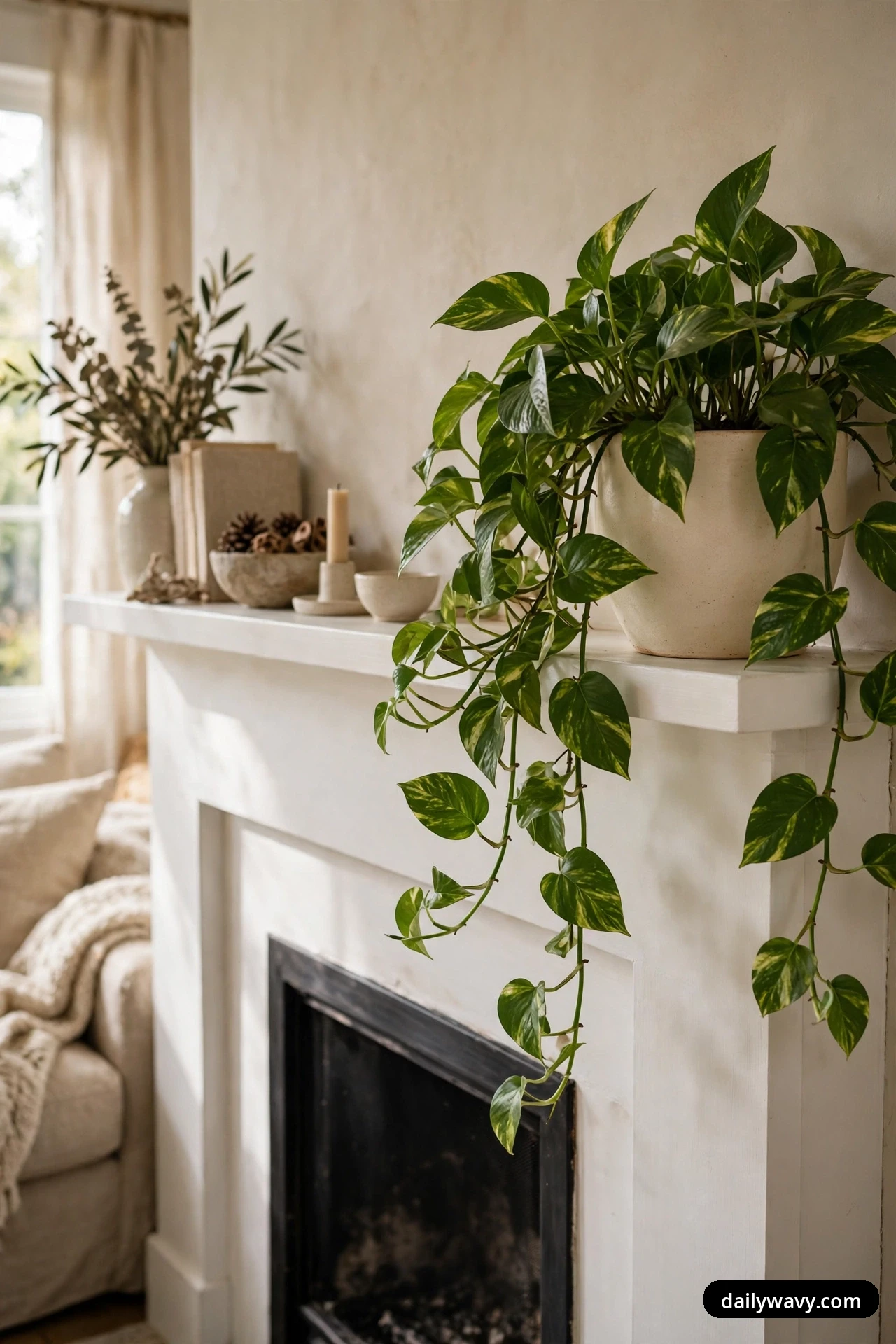 A large variegated pothos in a cream pot sits at the end of a white fireplace mantel, its long vines trailing down the front of the surround beside the firebox opening.
