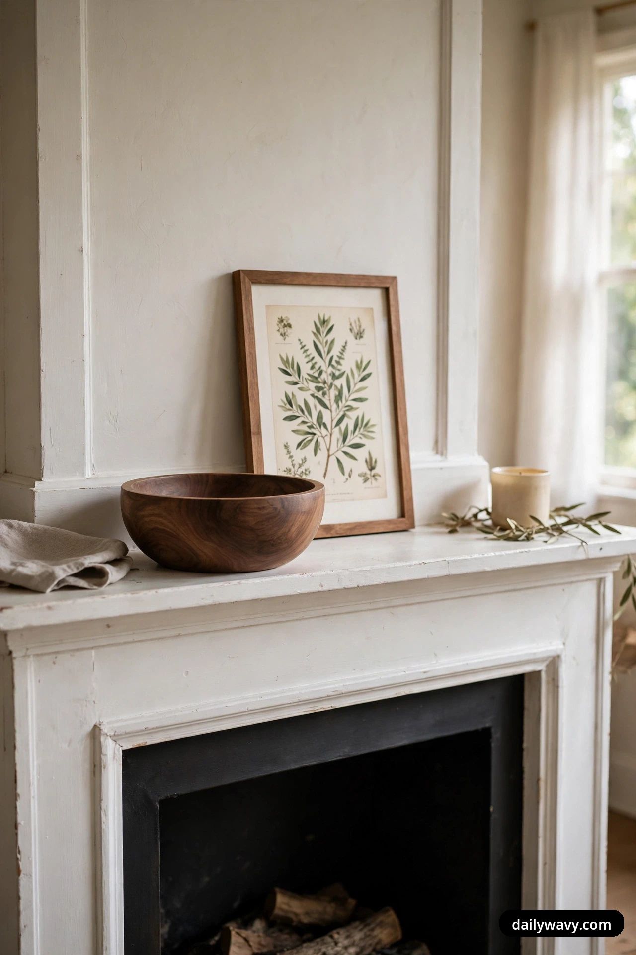 A dark walnut bowl sits in front of a framed botanical leaf print leaning on a white fireplace mantel, with an unlit pillar candle and an olive sprig resting on the shelf at the right.