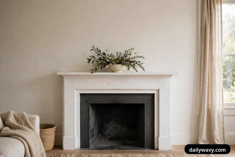 A wide view of a white fireplace with a dark empty firebox shows a low cream ceramic bowl of olive branches, eucalyptus and dried grasses centered on the mantel, with a linen sofa and a woven basket at the left and a sheer curtain at the window to the right.