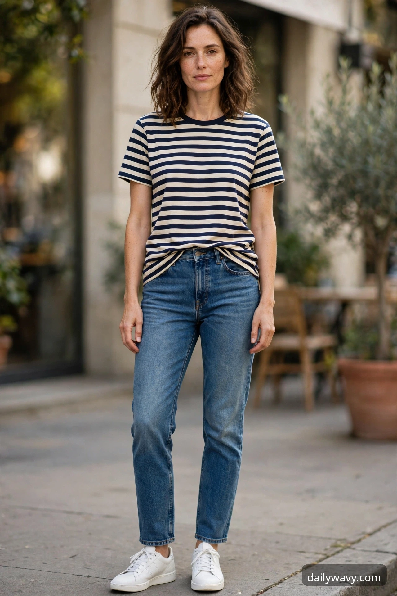 Woman wearing straight jeans, a striped tee and white sneakers