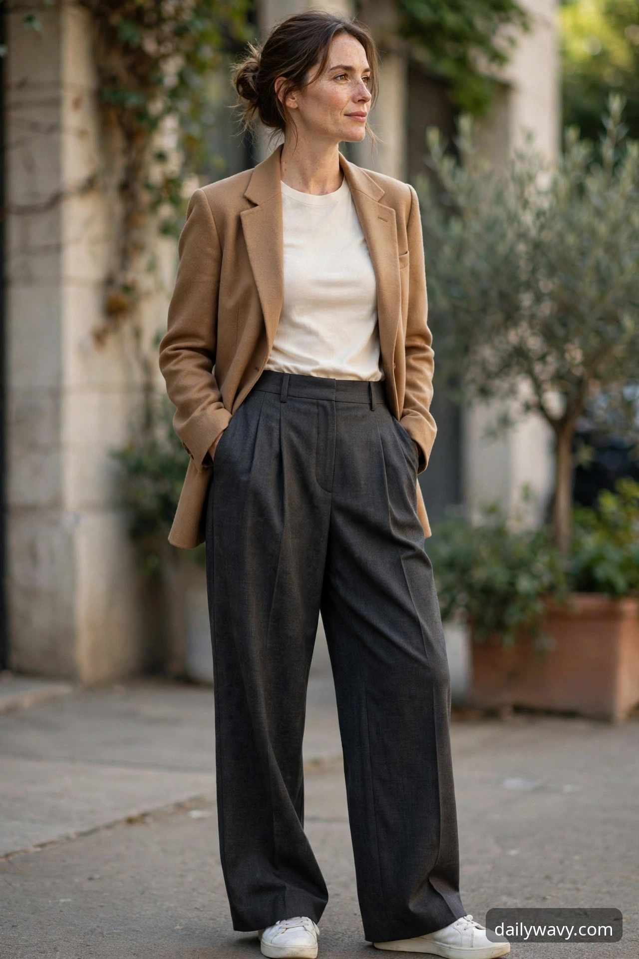 Woman wearing wide trousers, a tailored blazer and white sneakers