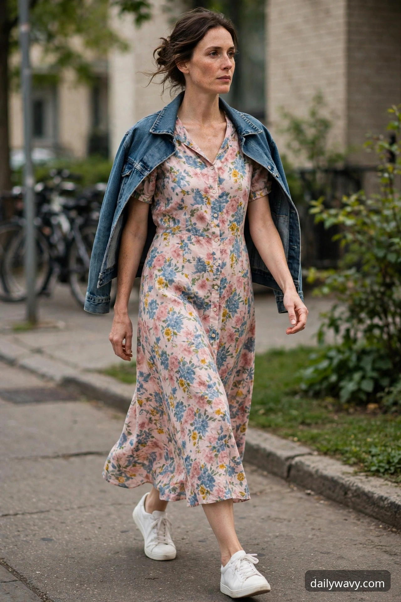 Woman wearing a midi dress, denim jacket and white sneakers