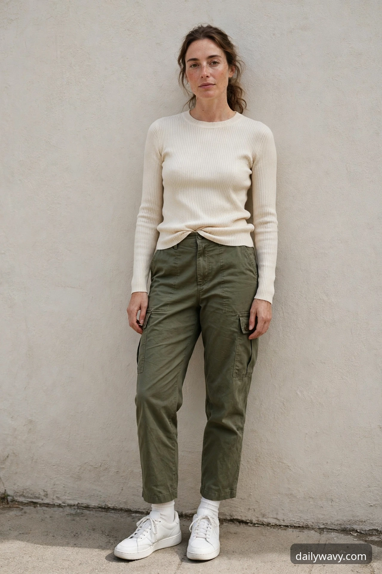 Woman wearing cargo trousers, a fitted knit and white sneakers