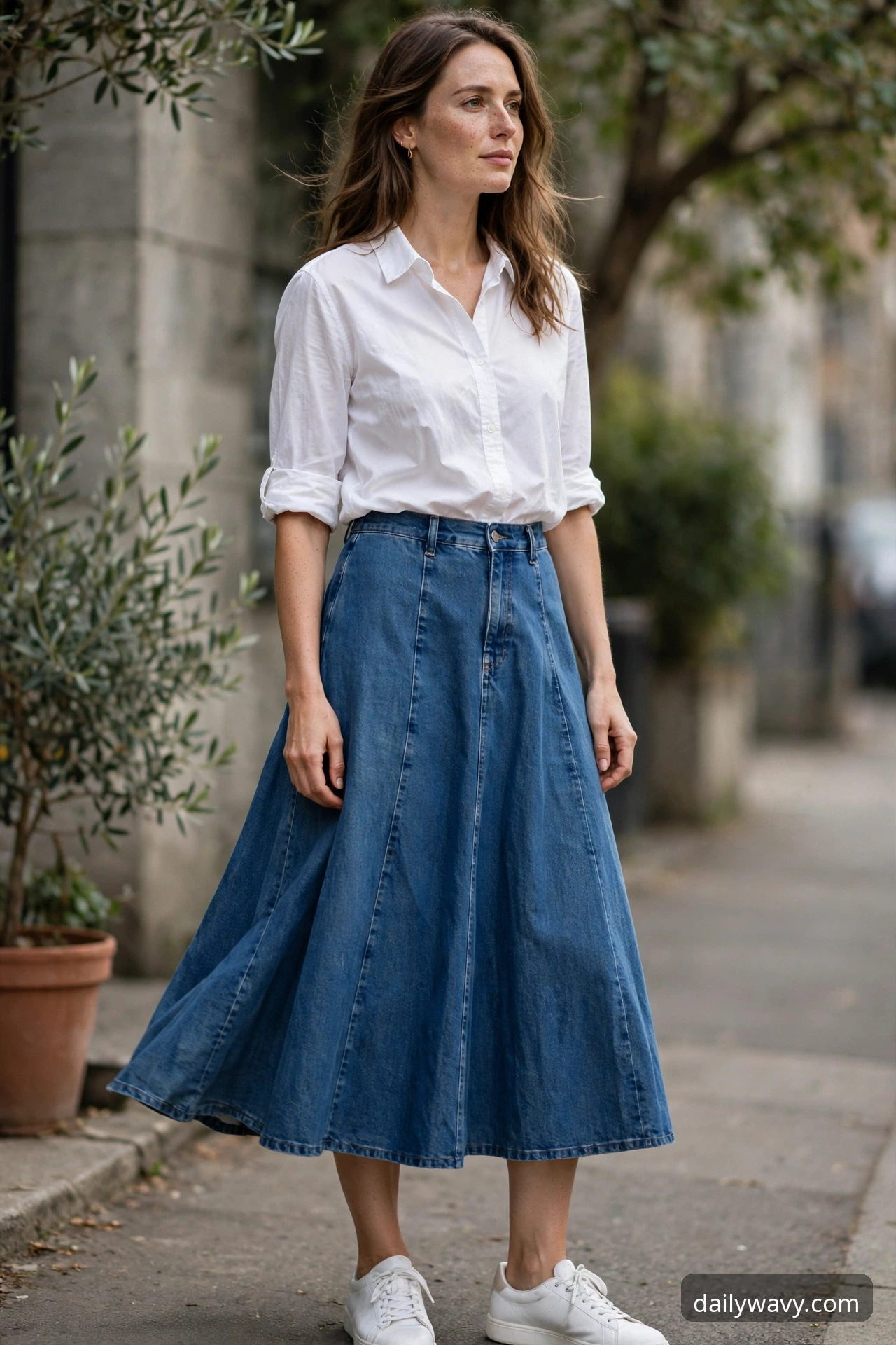 Woman wearing a denim skirt, cotton shirt and white sneakers