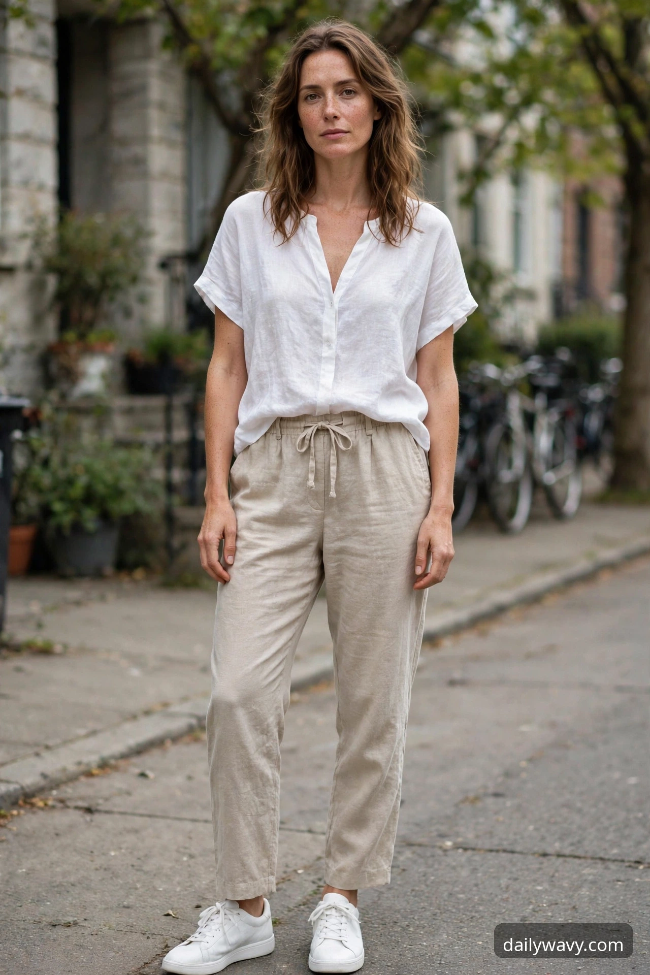 Woman wearing linen trousers, a relaxed top and white sneakers