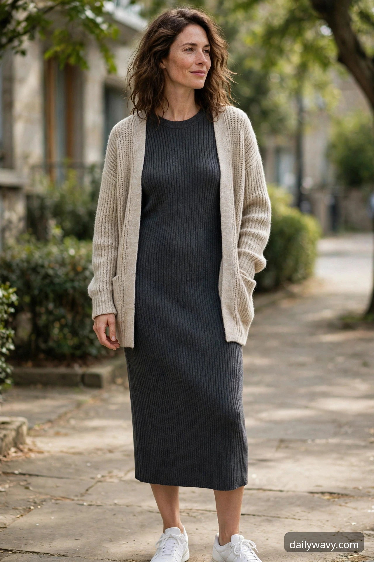 Woman wearing a knit dress, cardigan and white sneakers