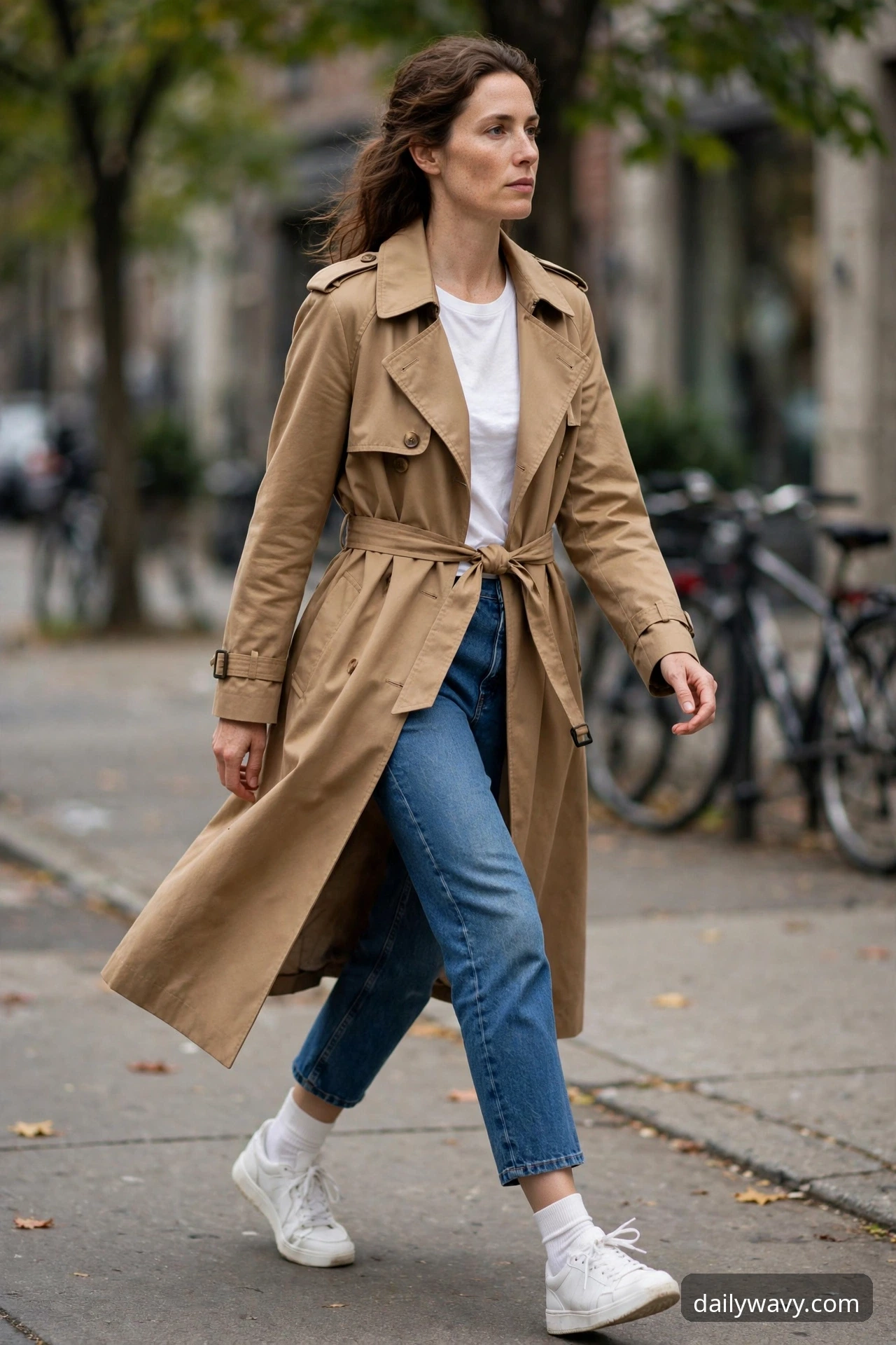 Woman wearing cropped jeans, a trench coat and white sneakers