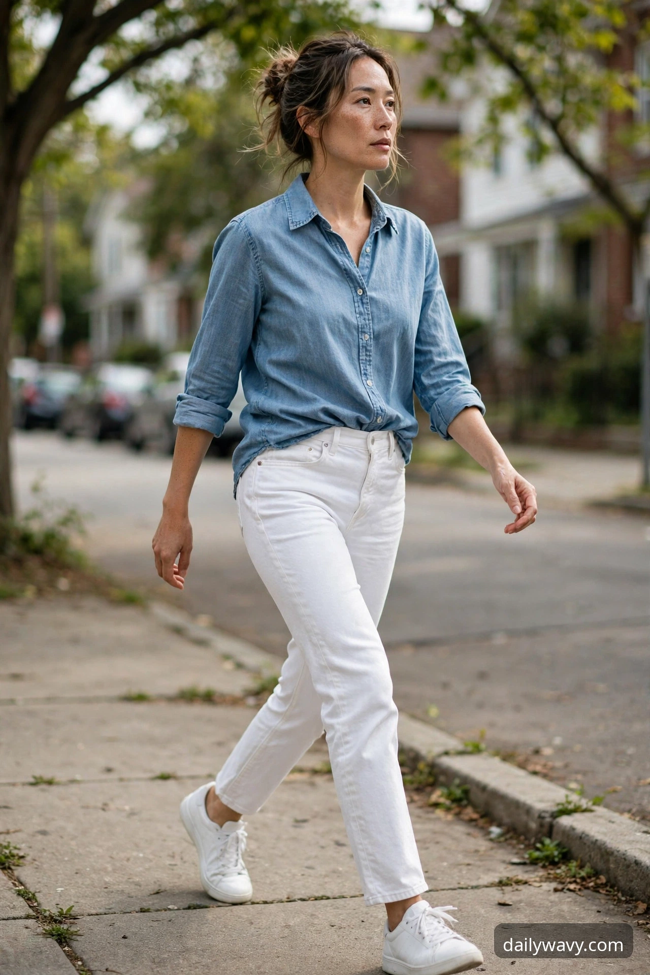 Woman wearing white jeans, a chambray shirt and white sneakers