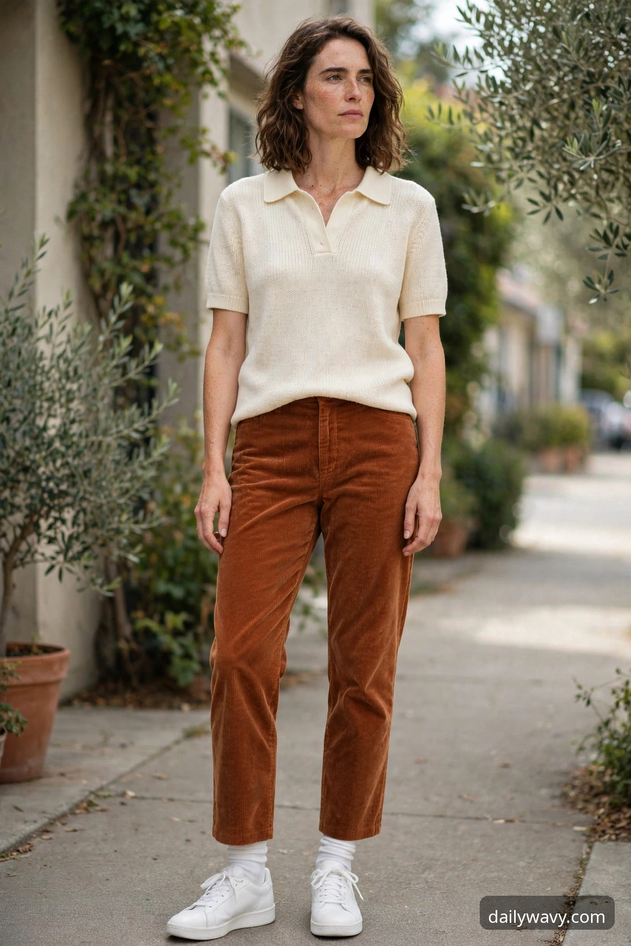 Woman wearing corduroy trousers, a knit polo and white sneakers