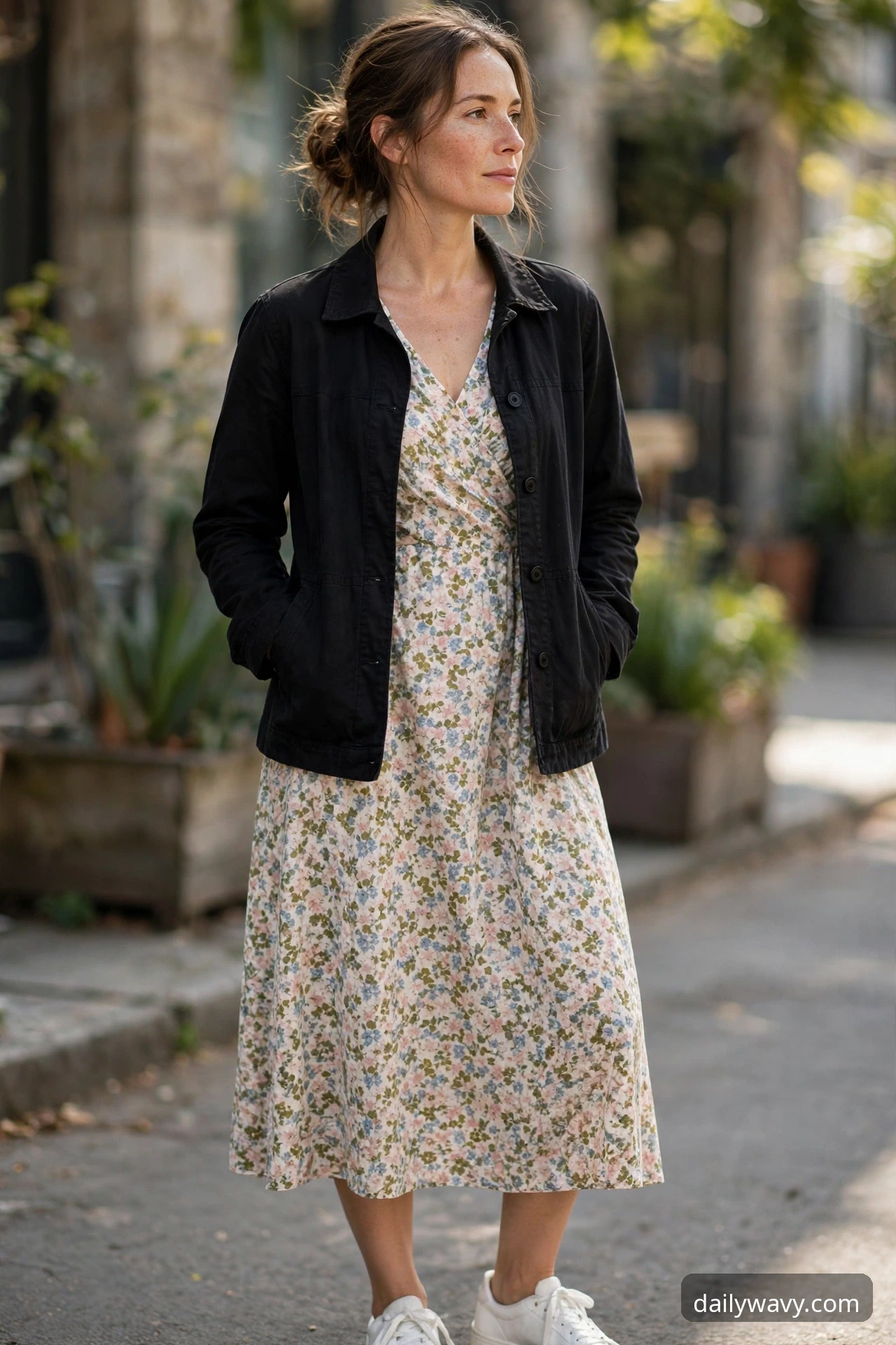 Woman wearing a printed dress, a plain jacket and white sneakers