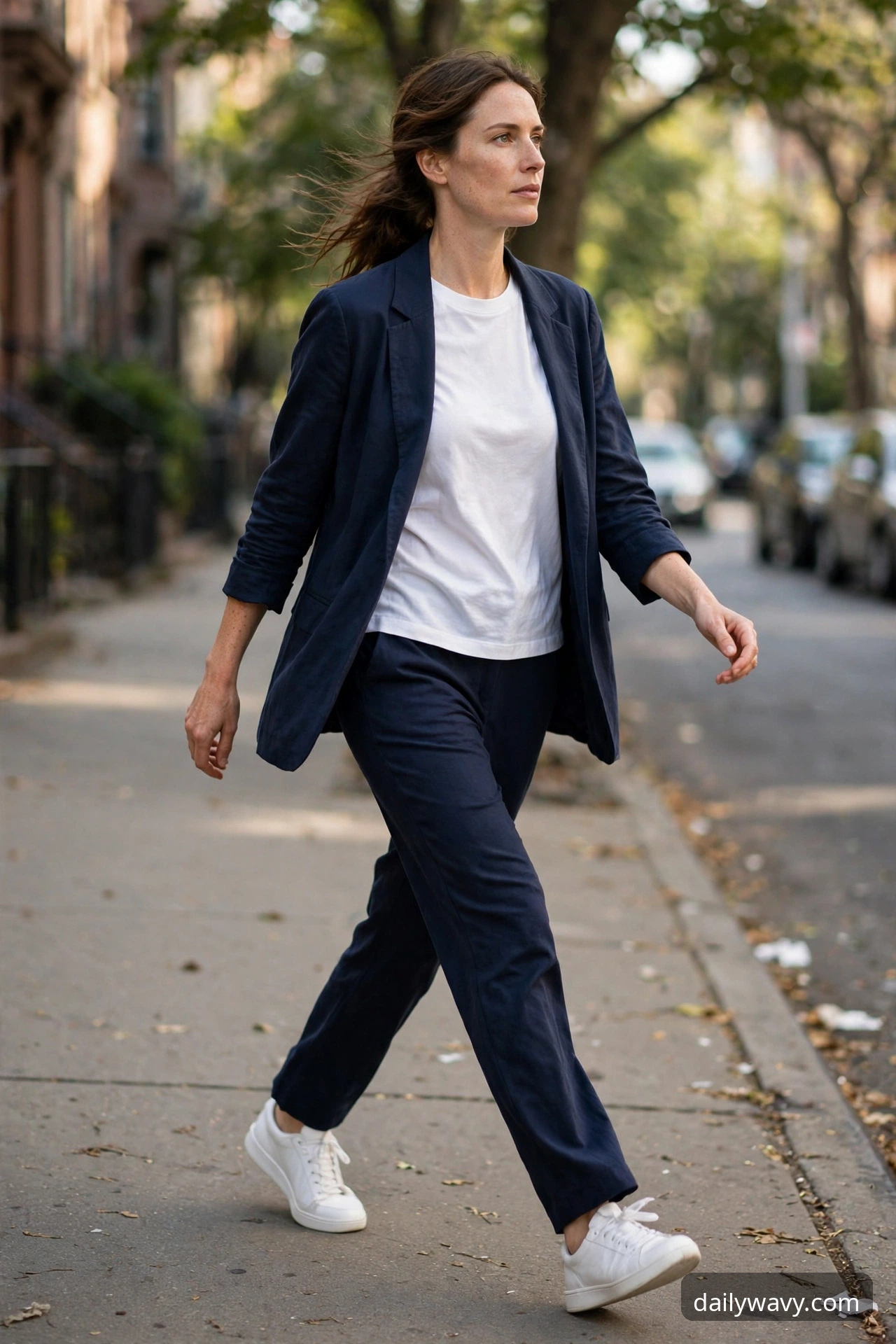 Woman wearing a relaxed suit, a crewneck tee and white sneakers