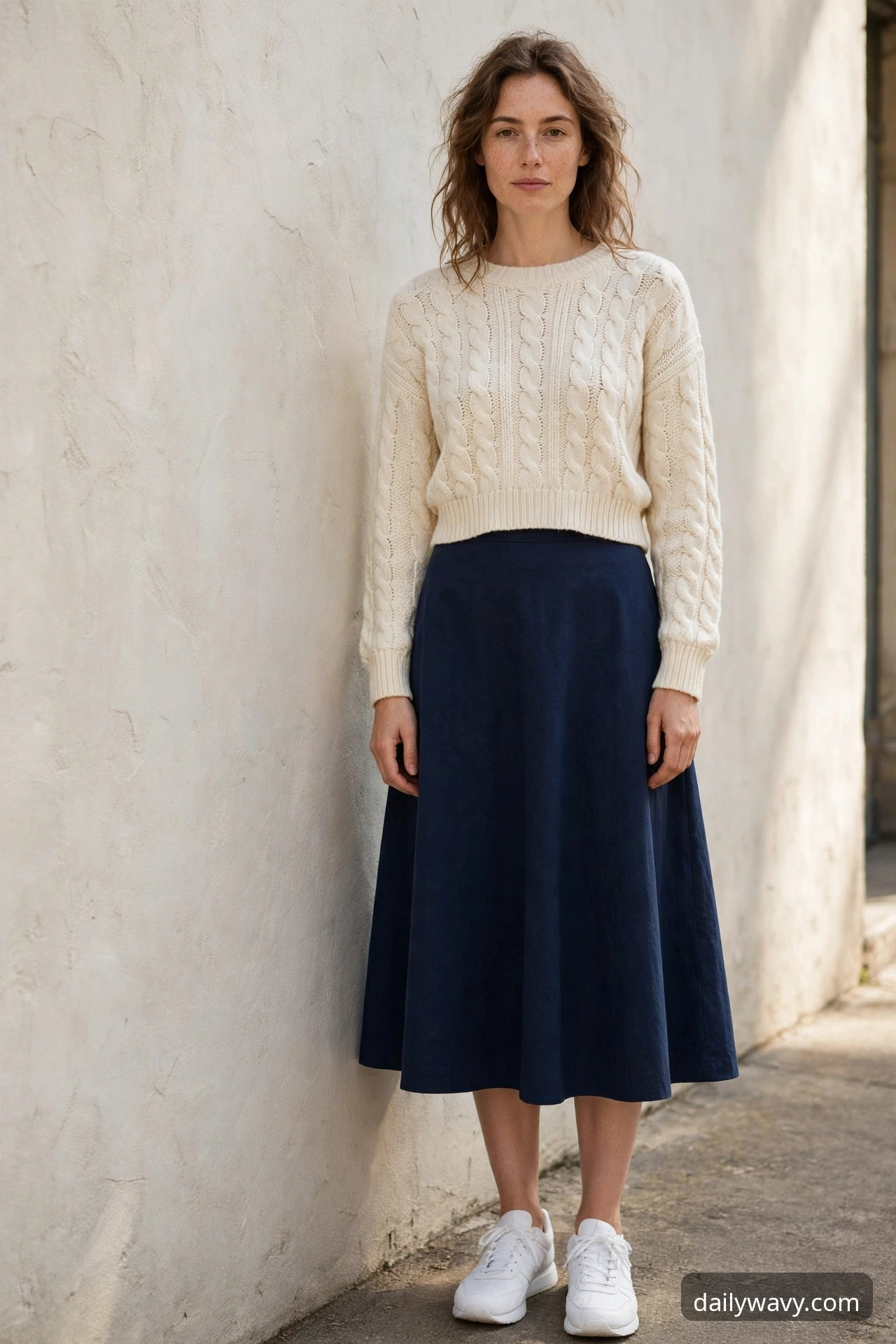 Woman wearing an A-line skirt, a cropped knit and white sneakers