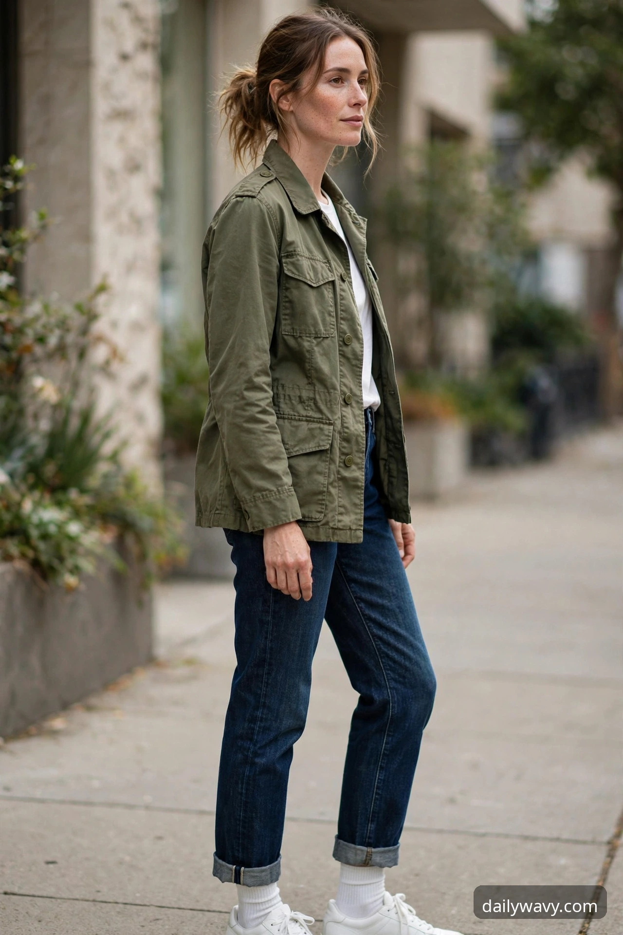 Woman wearing dark denim, a utility jacket and white sneakers