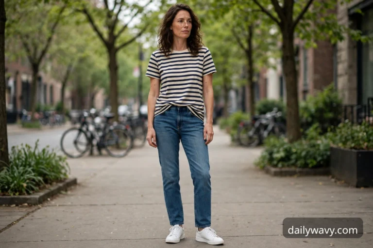 Woman in white sneakers, striped tee and jeans on a city sidewalk