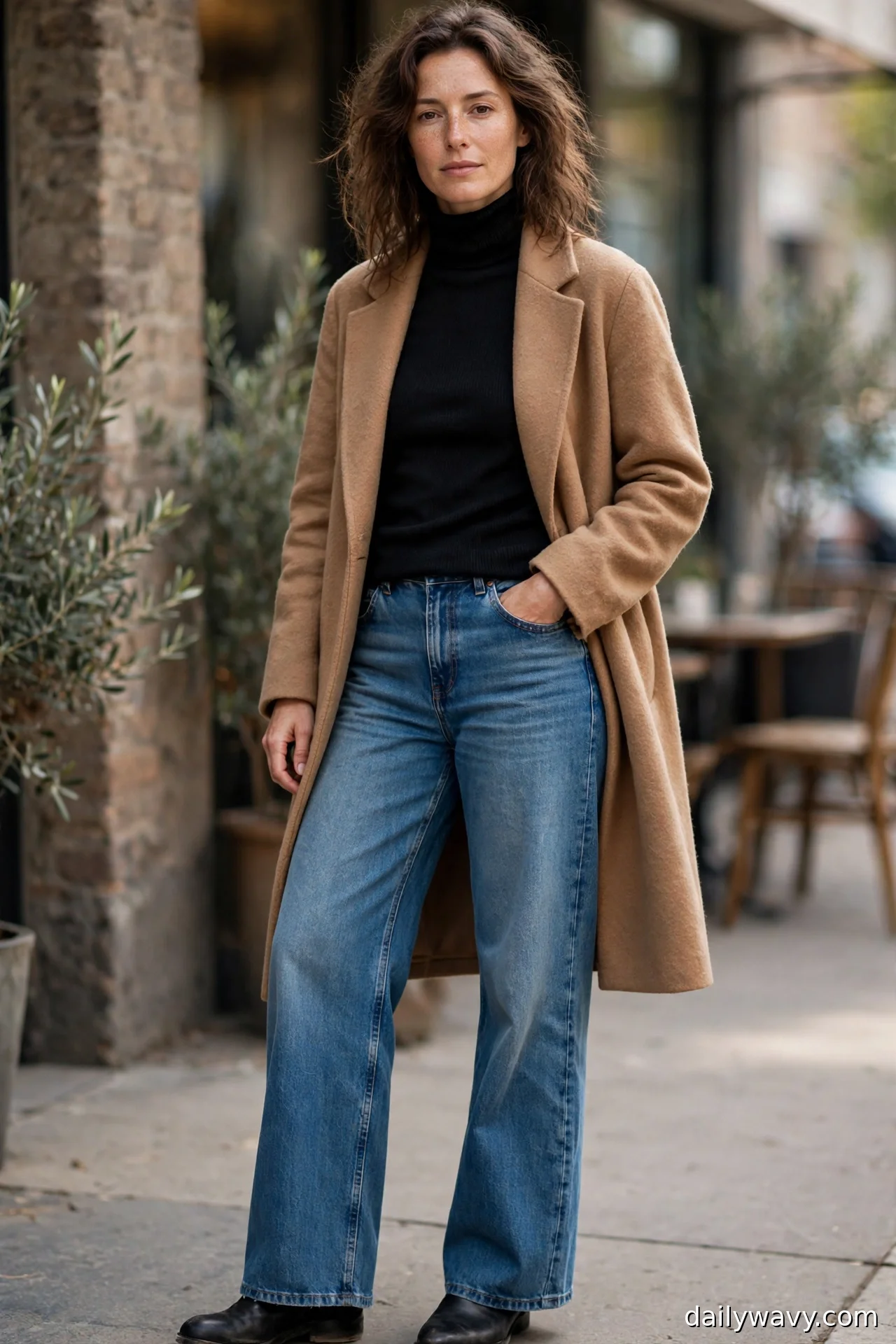 Woman in a black turtleneck, camel wool coat and low black boots with wide-leg jeans