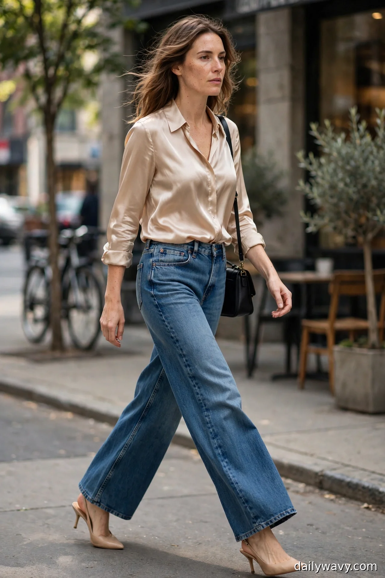 Woman in a champagne silk-look blouse, small black shoulder bag and nude slingbacks with wide-leg jeans