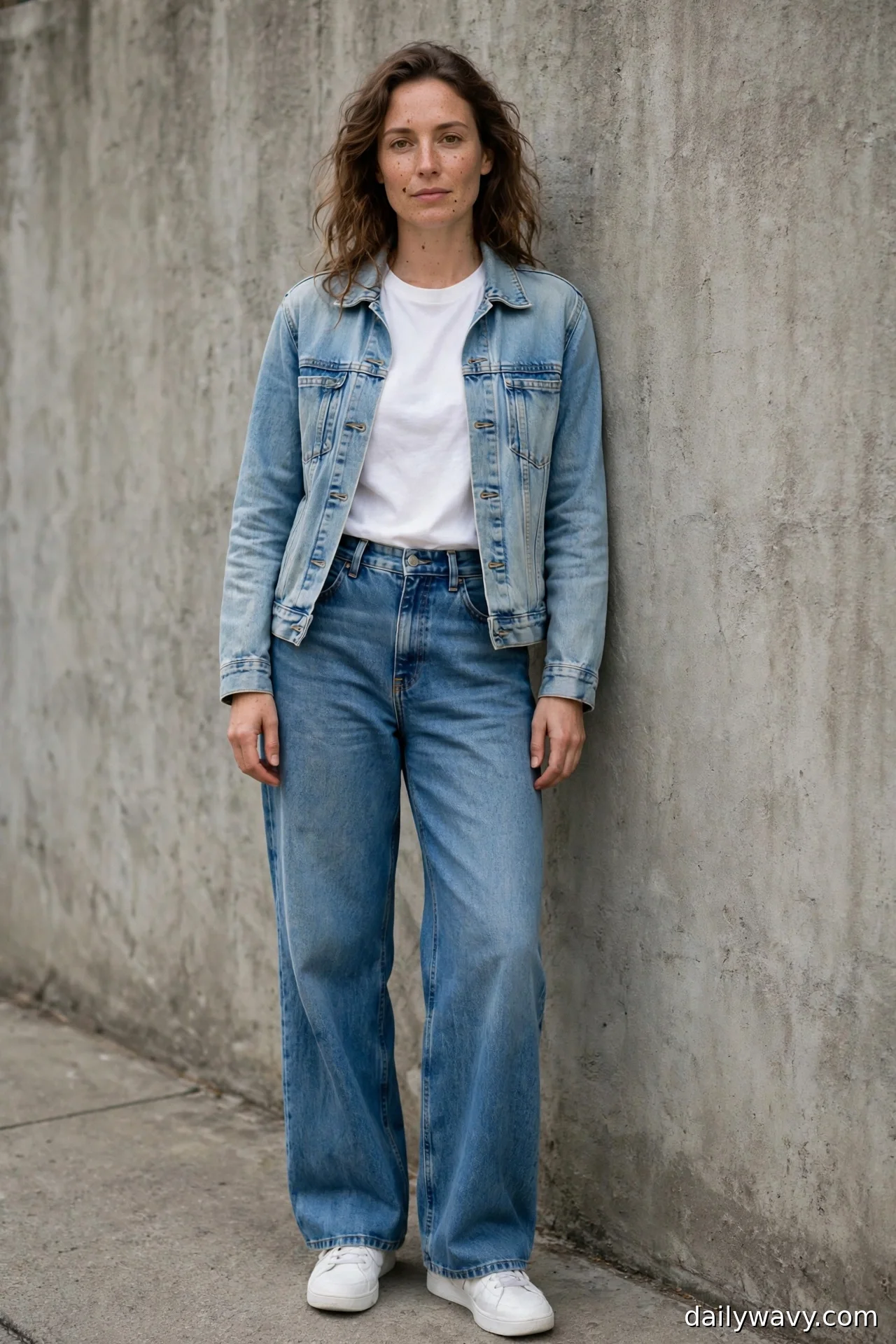 Woman in a white graphic tee, light-wash denim jacket and white sneakers with wide-leg jeans