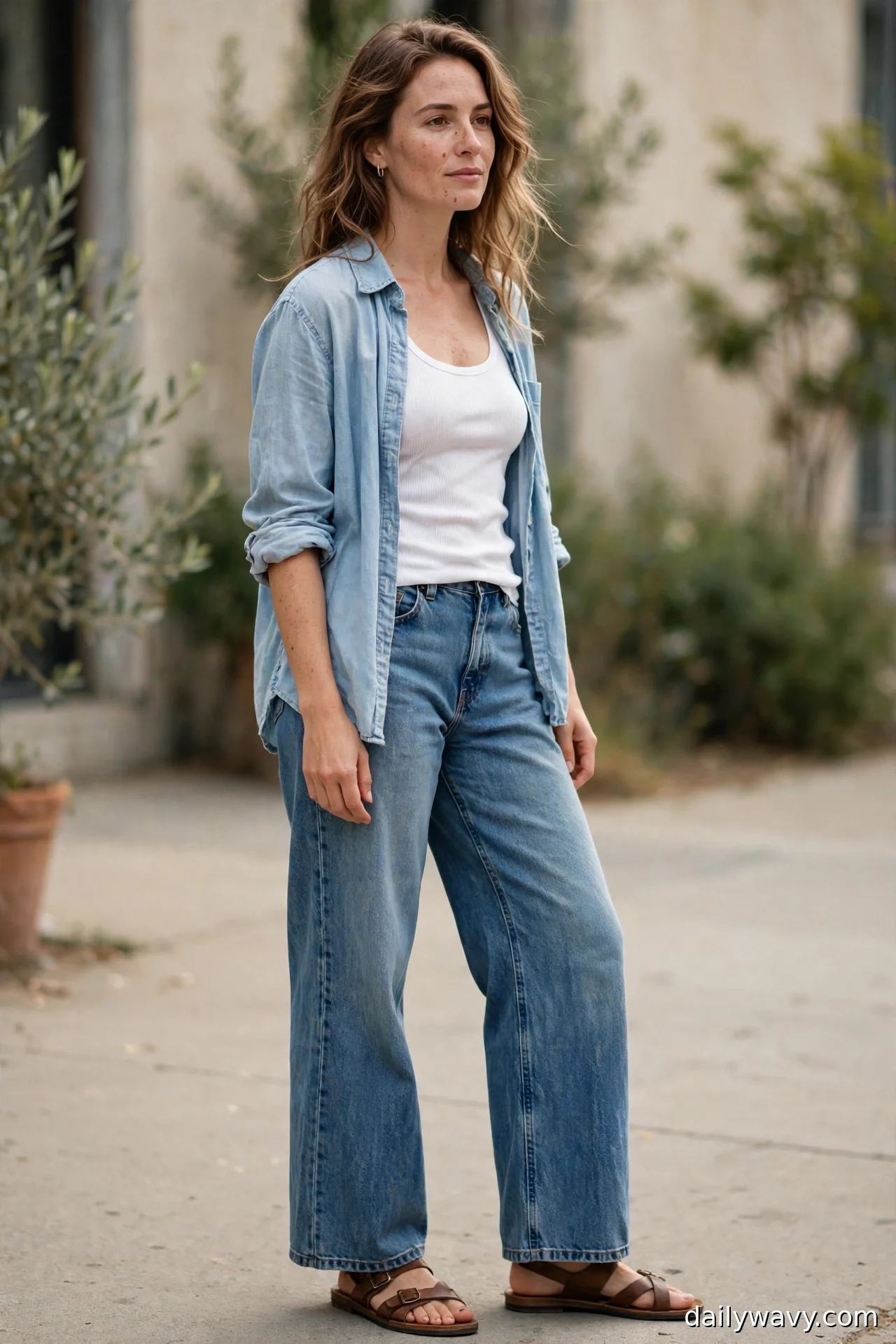 Woman in a white ribbed tank, open chambray shirt and brown flat sandals with wide-leg jeans