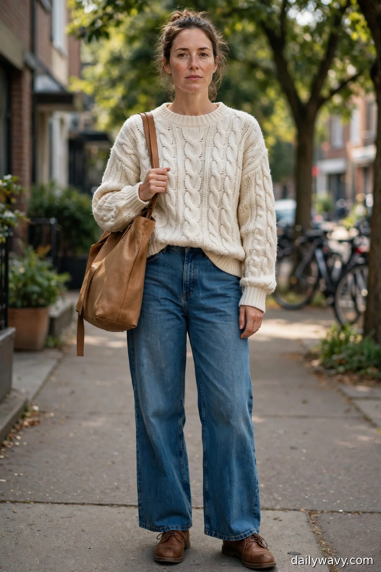 Woman in a cream cable-knit sweater, tan leather tote and brown lace-up shoes with wide-leg jeans