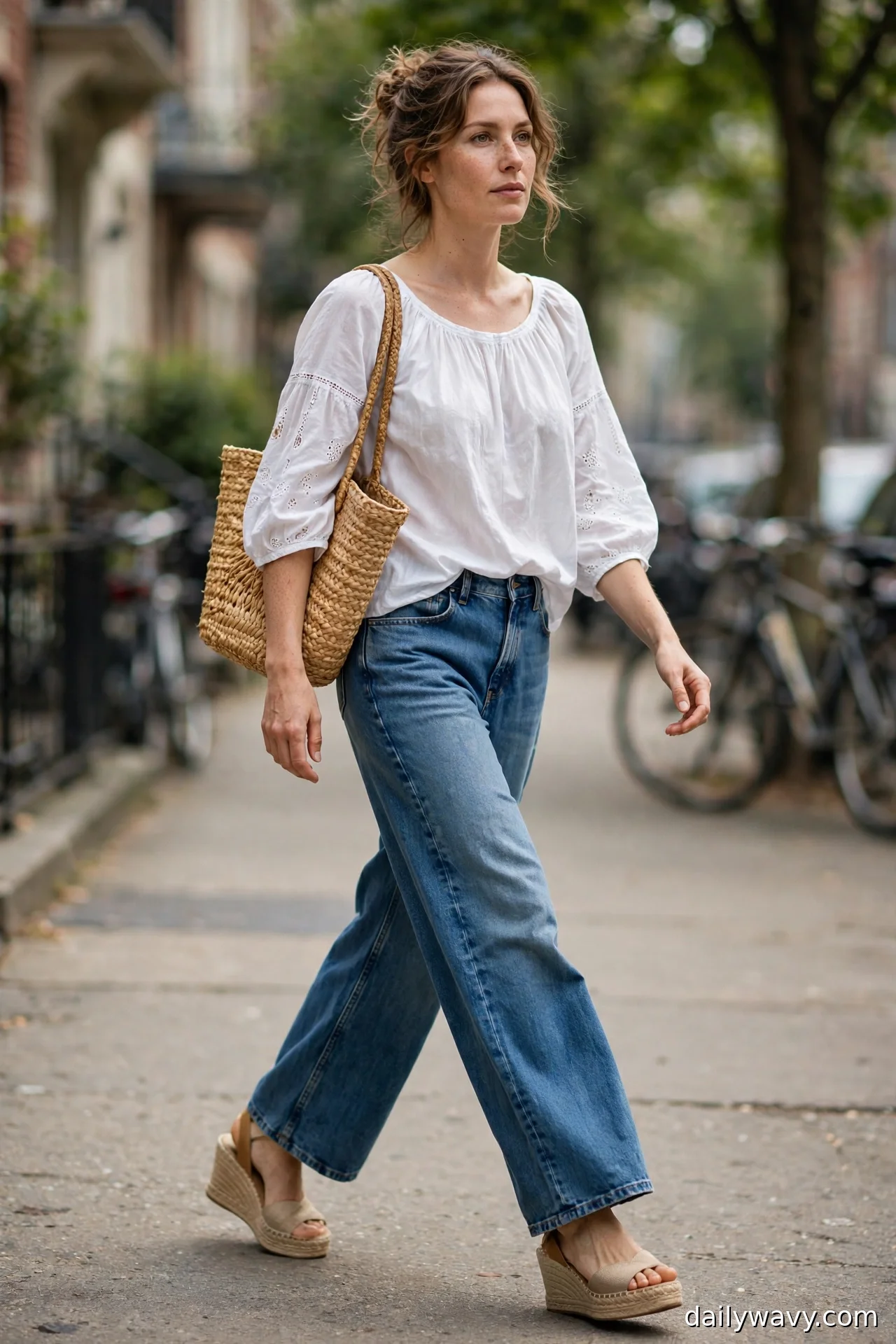 Woman in a white cotton peasant blouse, woven basket bag and tan espadrille wedges with wide-leg jeans