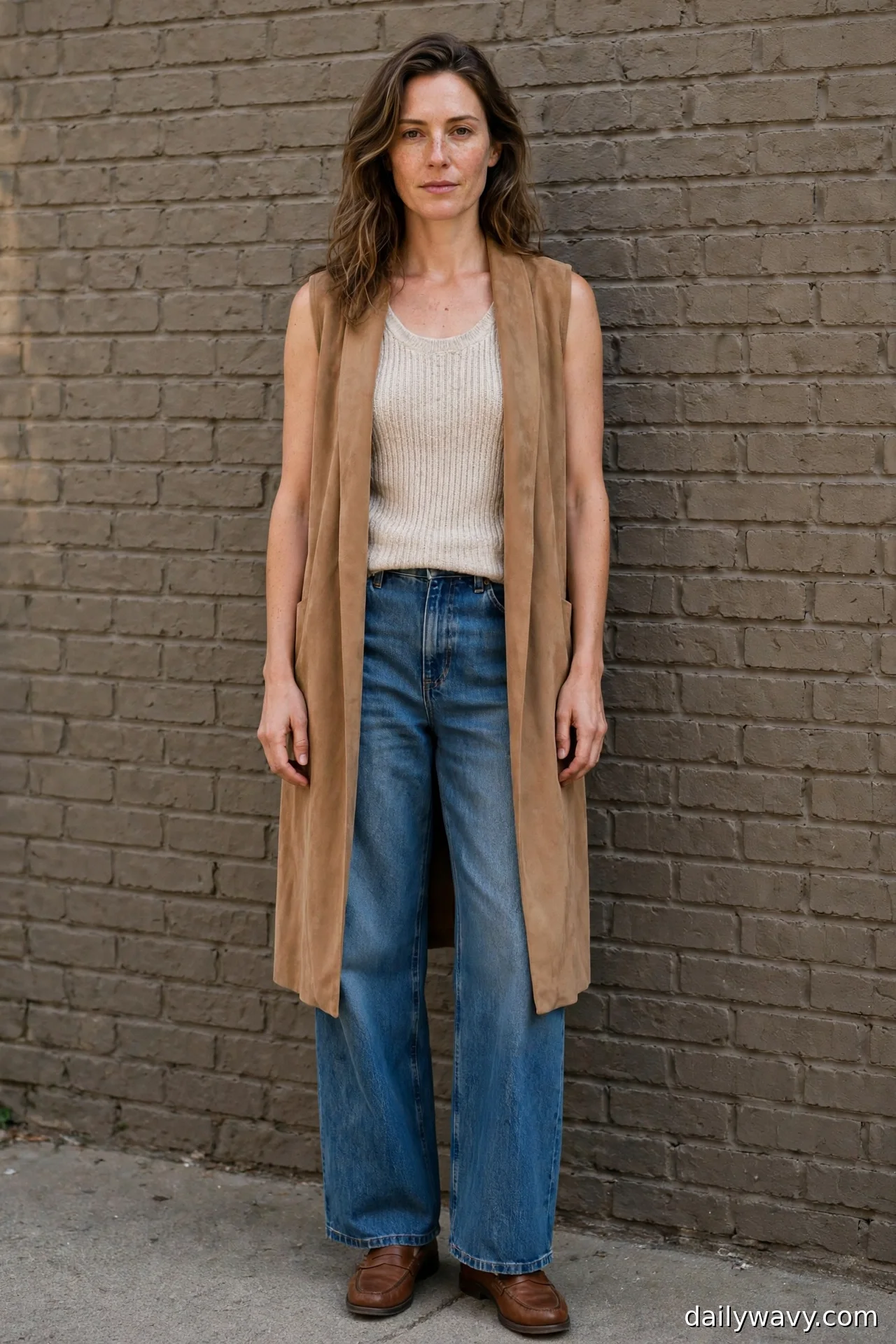 Woman in an oatmeal sleeveless knit, long camel vest and brown loafers with wide-leg jeans
