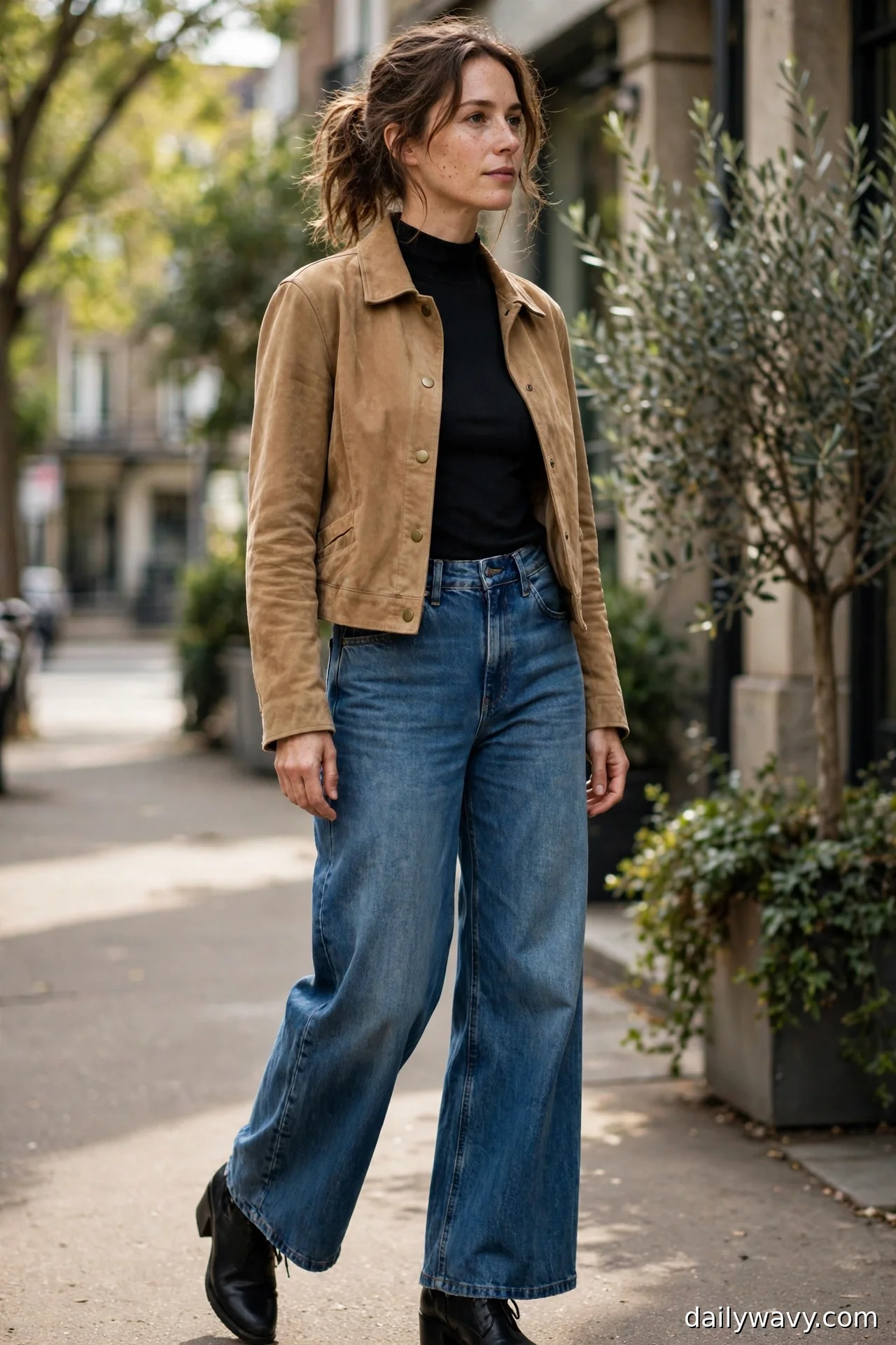 Woman in a black mock-neck top, cropped tan suede jacket and black ankle boots with wide-leg jeans