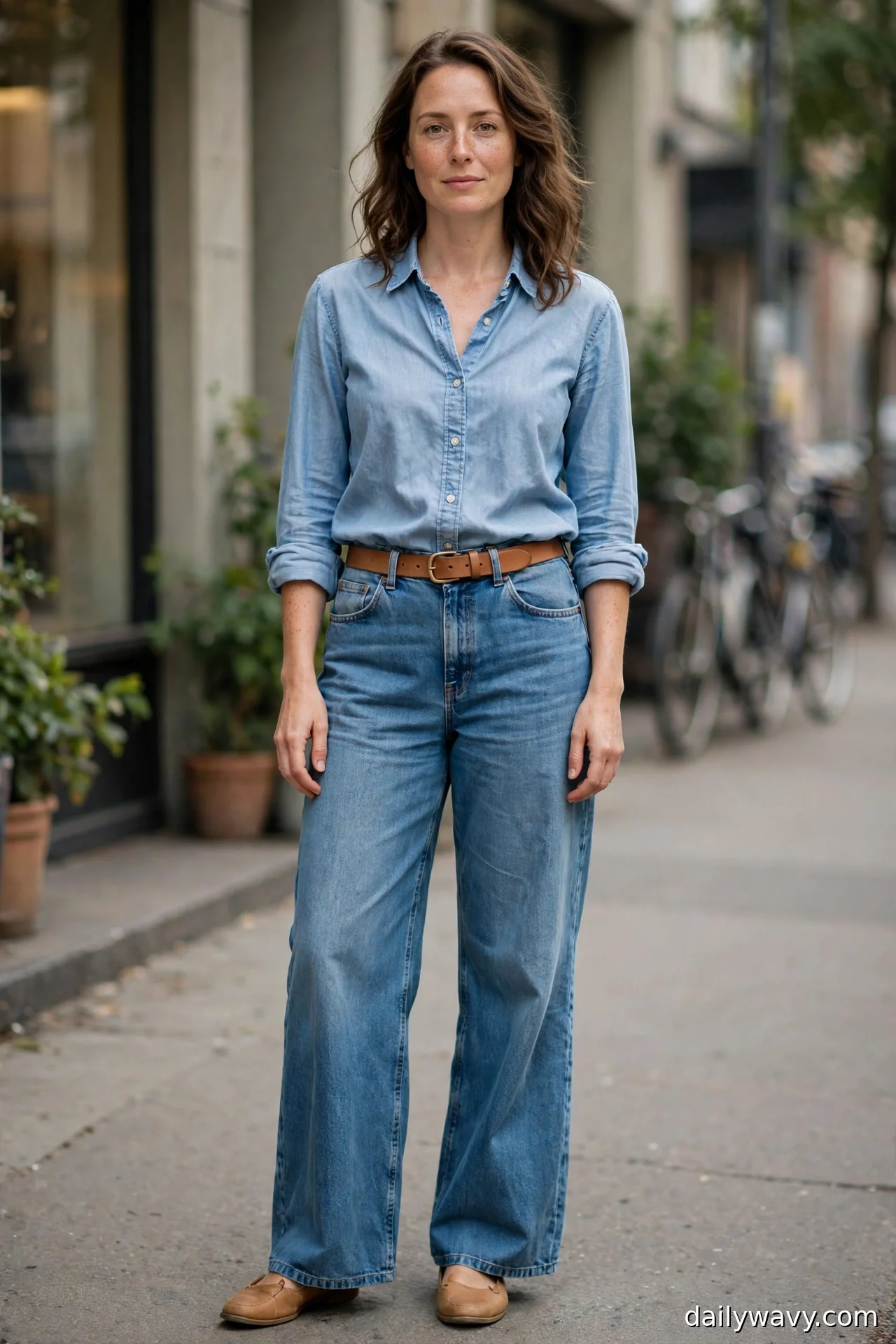 Woman in a light blue chambray shirt, tan leather belt and tan flats with wide-leg jeans