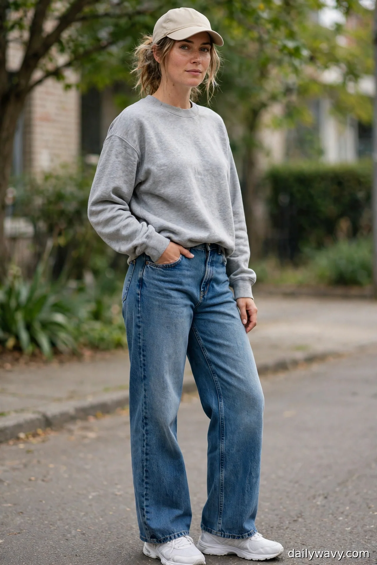 Woman in a heather gray sweatshirt, beige baseball cap and white trainers with wide-leg jeans