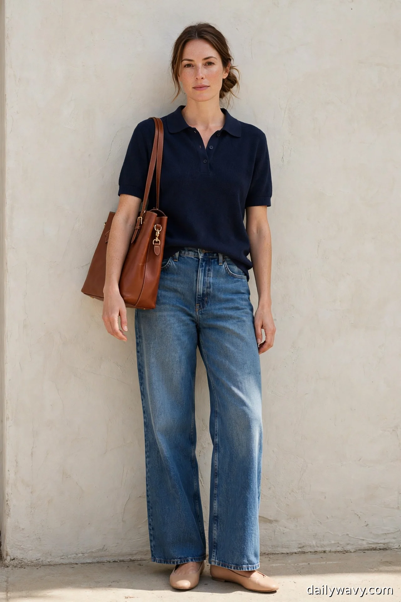 Woman in a navy polo knit top, cognac structured tote and nude ballet flats with wide-leg jeans