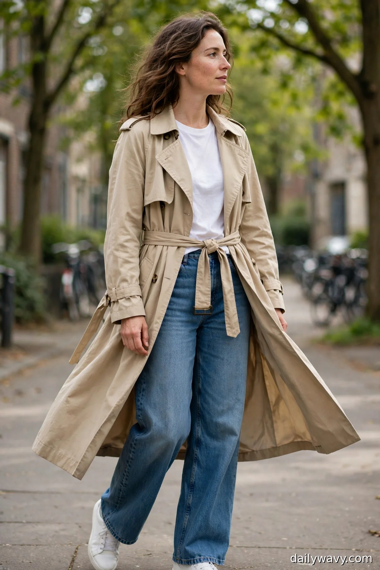 Woman in a white crew-neck tee, beige trench coat and white sneakers with wide-leg jeans