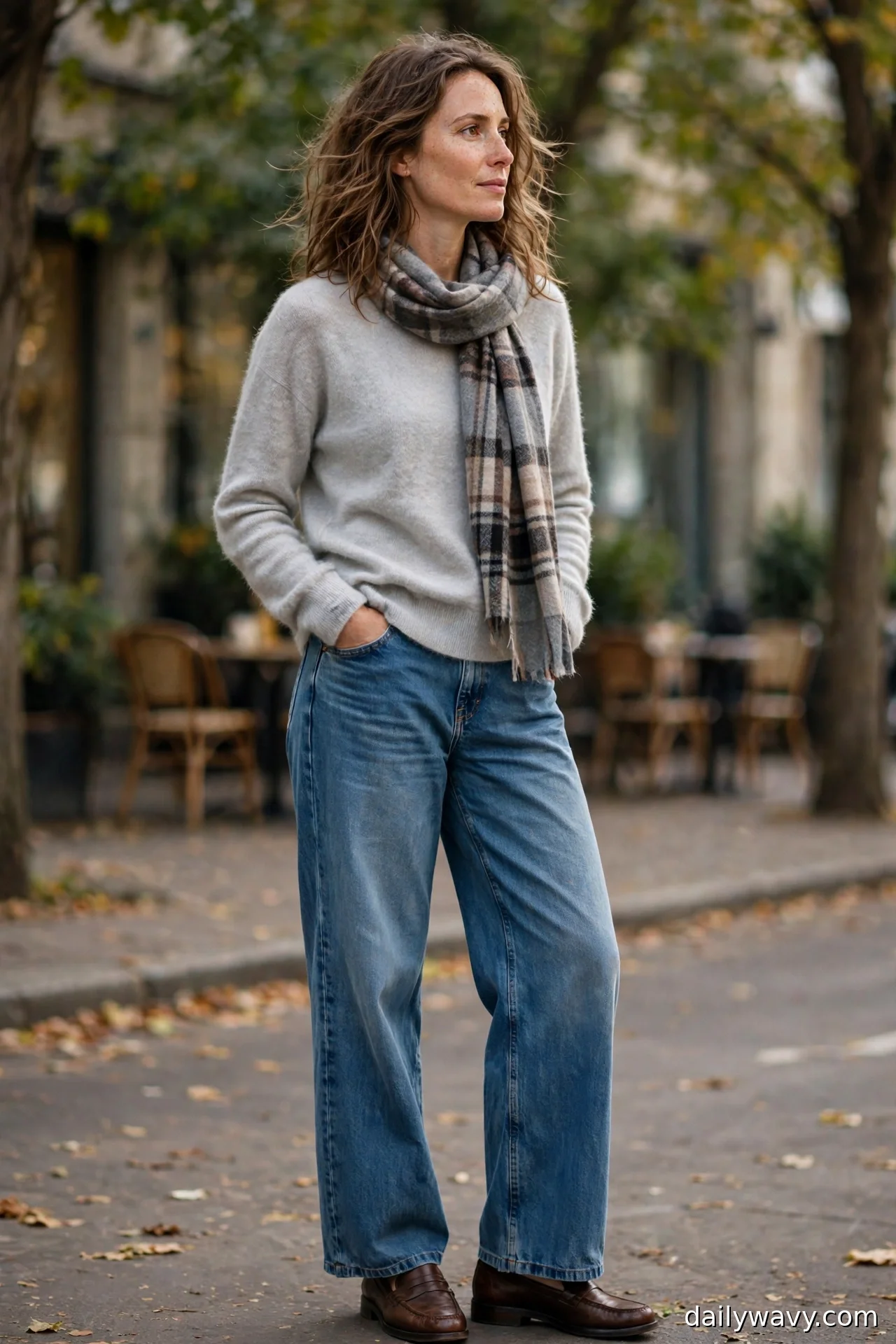 Woman in a light gray cashmere-style sweater, plaid wool scarf and dark brown loafers with wide-leg jeans