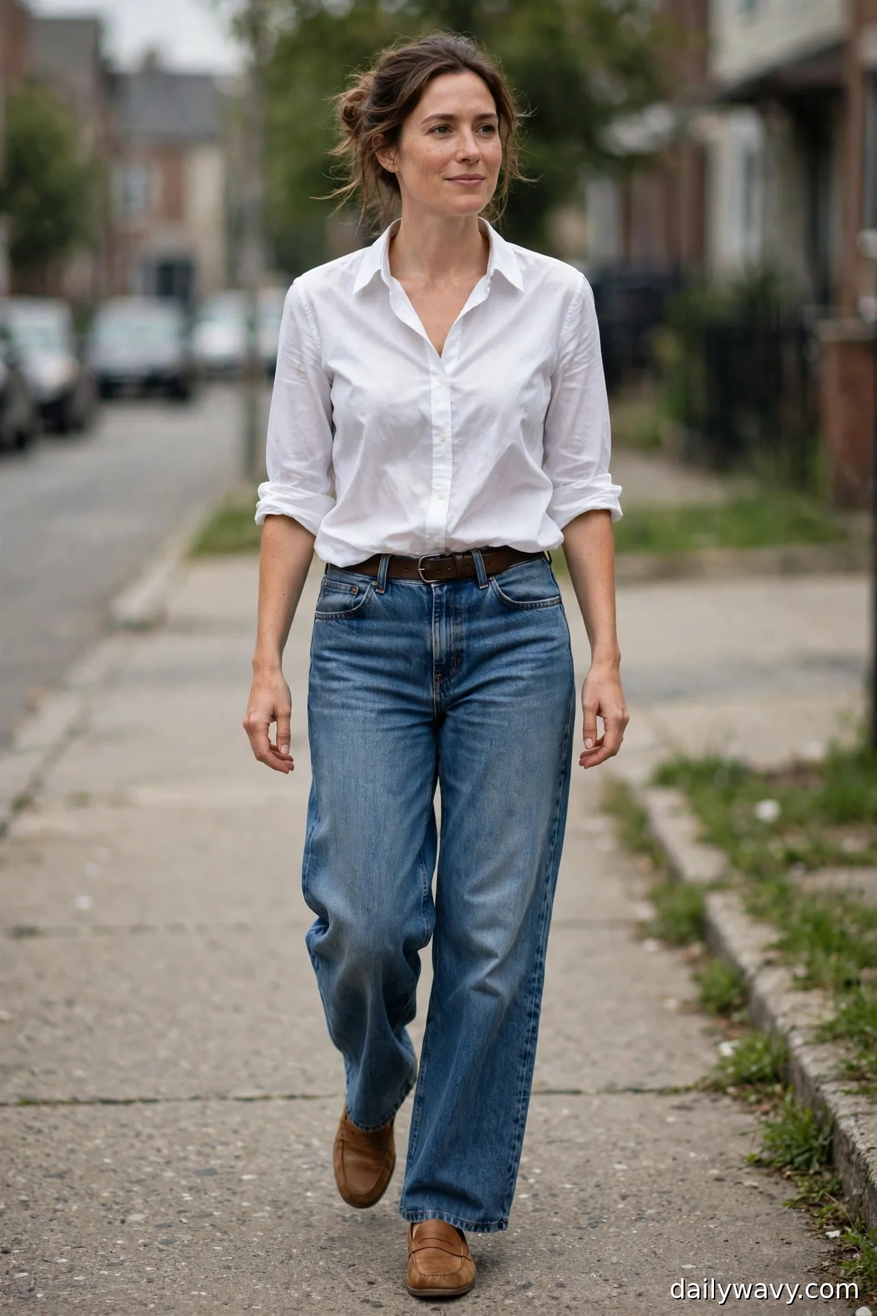 Woman in a crisp white button-down shirt, dark brown leather belt and tan loafers with wide-leg jeans