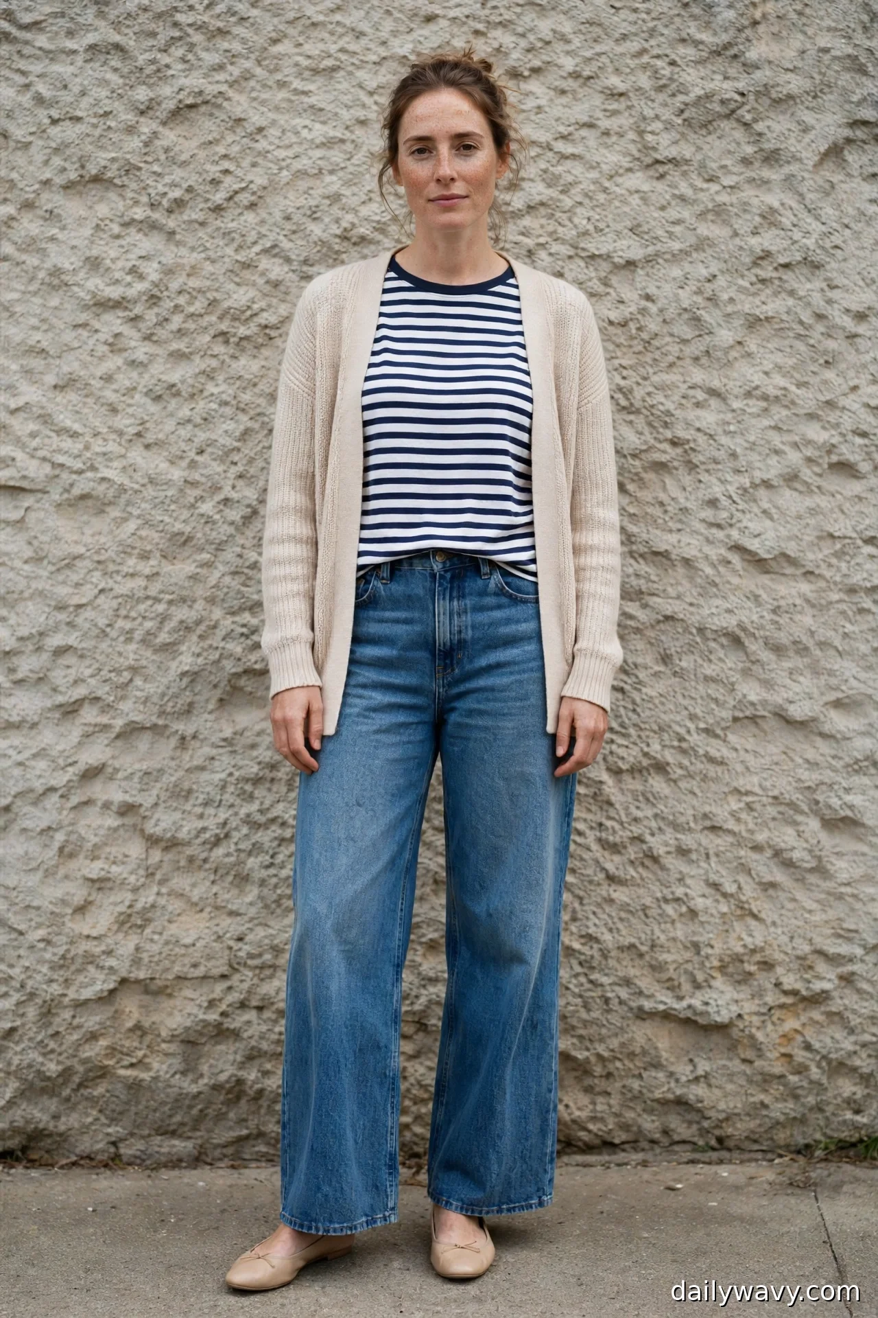 Woman in a navy-and-white striped tee, beige open cardigan and nude ballet flats with wide-leg jeans
