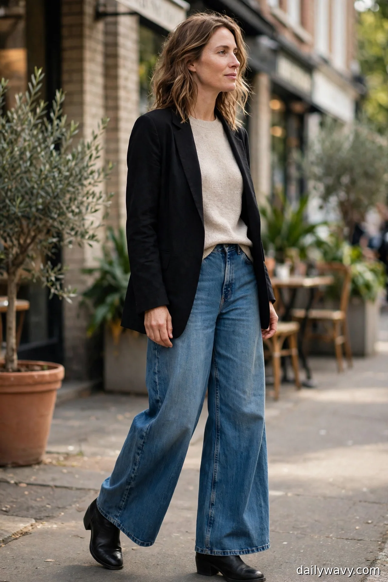 Woman in an oatmeal fine knit top, tailored black blazer and black ankle boots with wide-leg jeans