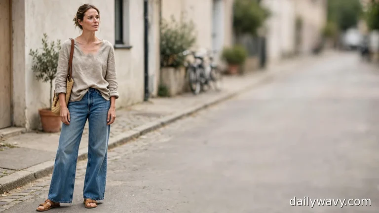 Woman in a beige linen top, woven straw bag and medium-wash wide-leg jeans on a city street