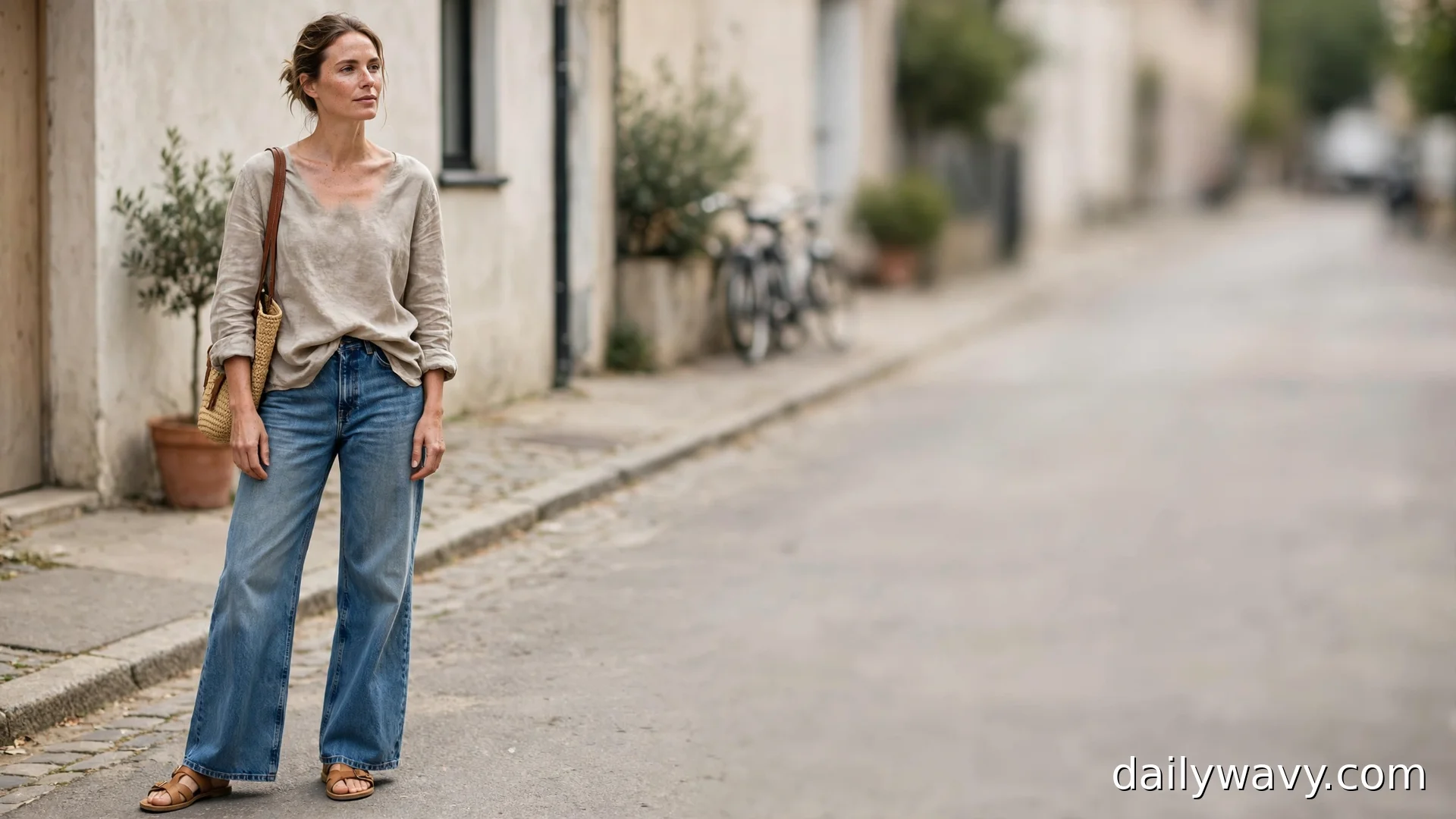 Woman in a beige linen top, woven straw bag and medium-wash wide-leg jeans on a city street