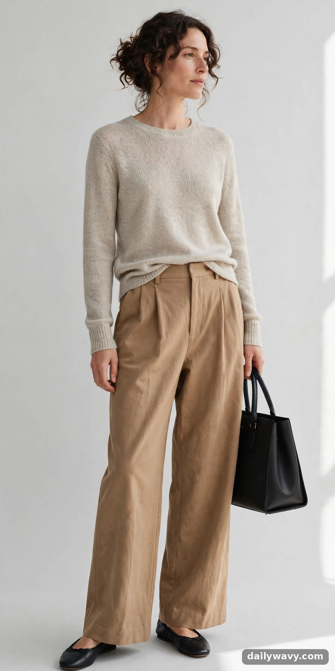Fine knit, structured tote and ballet flats styled with wide-leg trousers