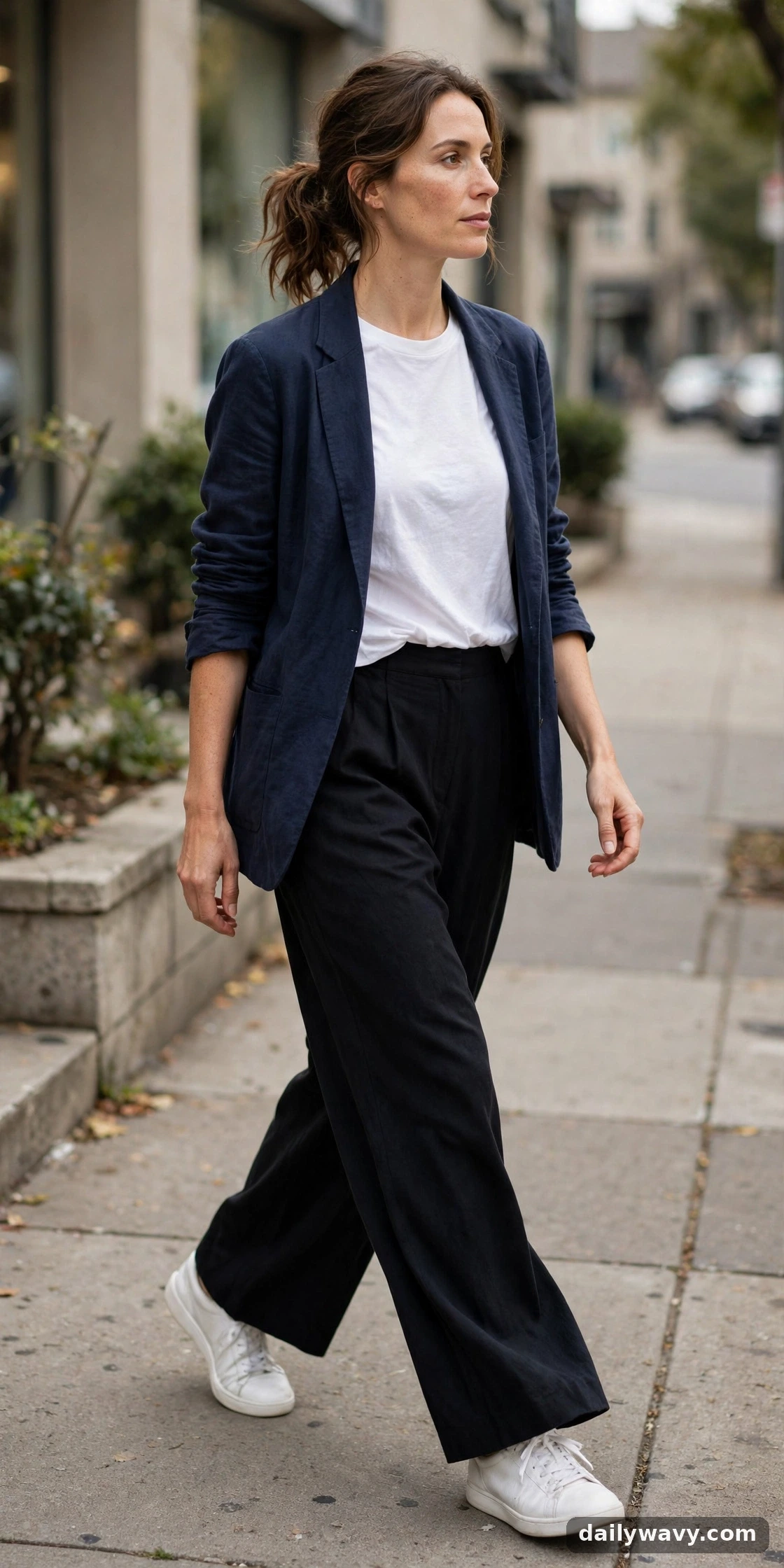 Simple tee, blazer and sneakers styled with wide-leg trousers