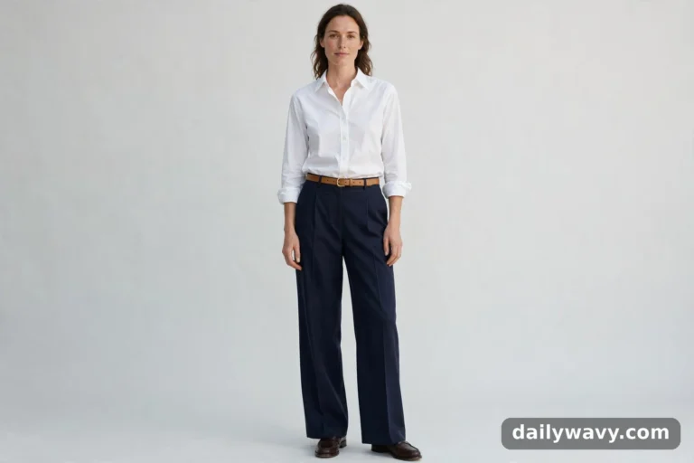 Model wearing white cotton shirt, tan belt and loafers with navy wide-leg trousers