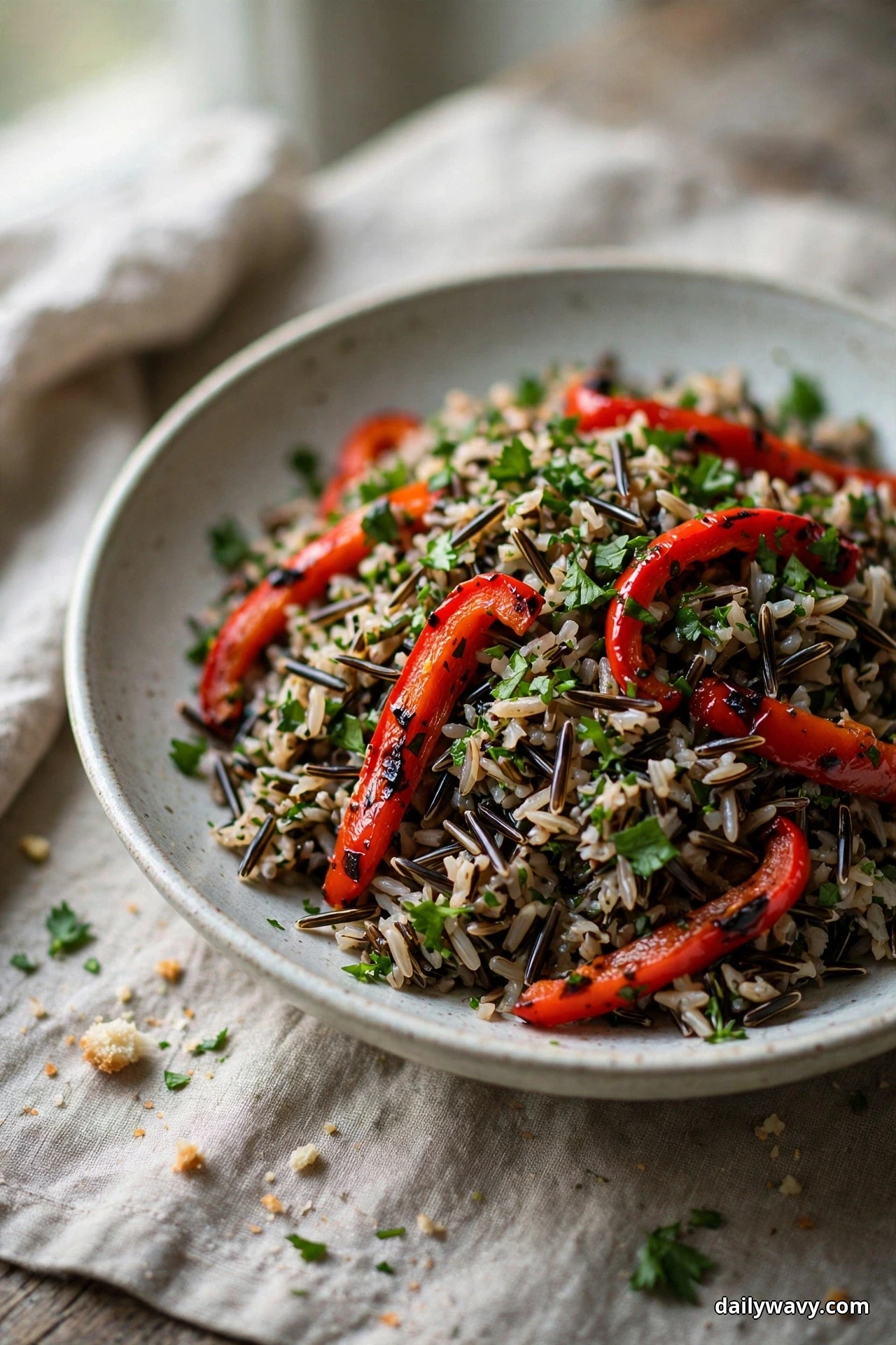 A close view of wild rice salad with charred roasted red pepper strips and chopped parsley fills a shallow bowl on a linen cloth