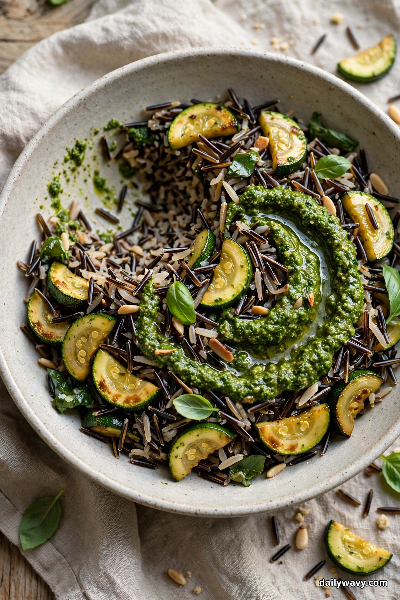 A bowl of wild rice salad with seared zucchini half-moons is finished with a thick swirl of green basil pesto