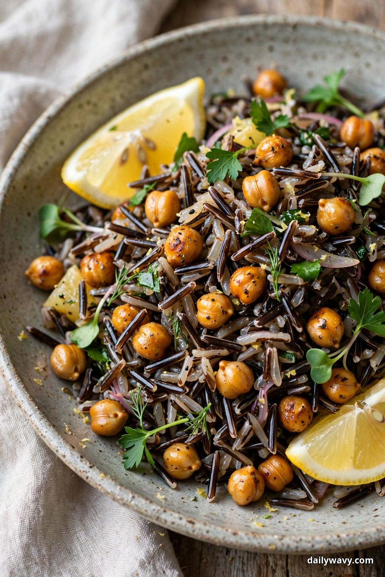 A close view of wild rice salad with golden roasted chickpeas, lemon wedges, red onion slivers and parsley fills a speckled bowl