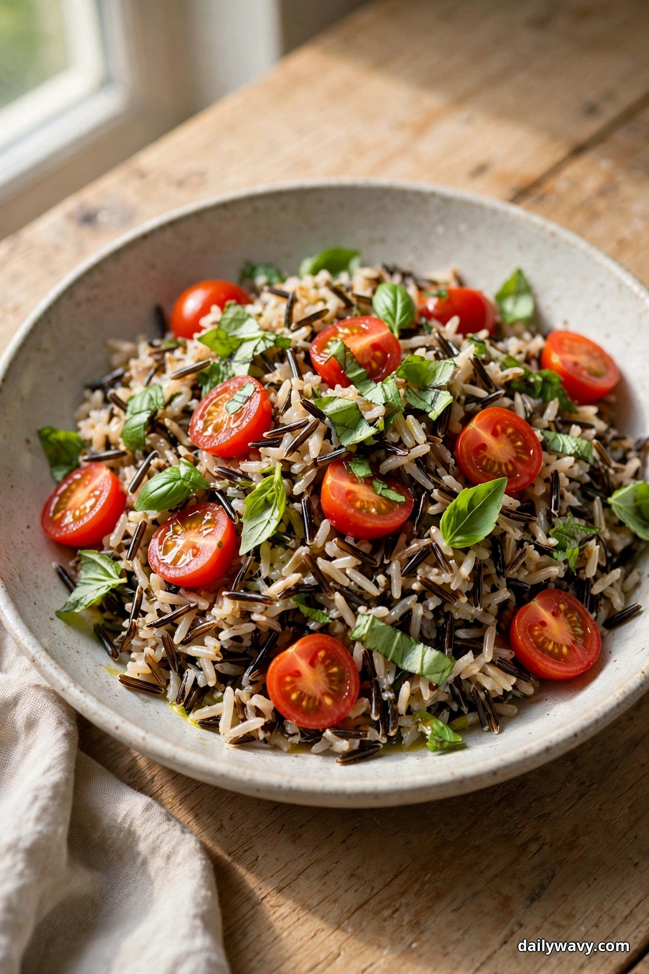 A bowl of wild rice salad with halved cherry tomatoes and torn basil leaves sits on a wooden table by a window