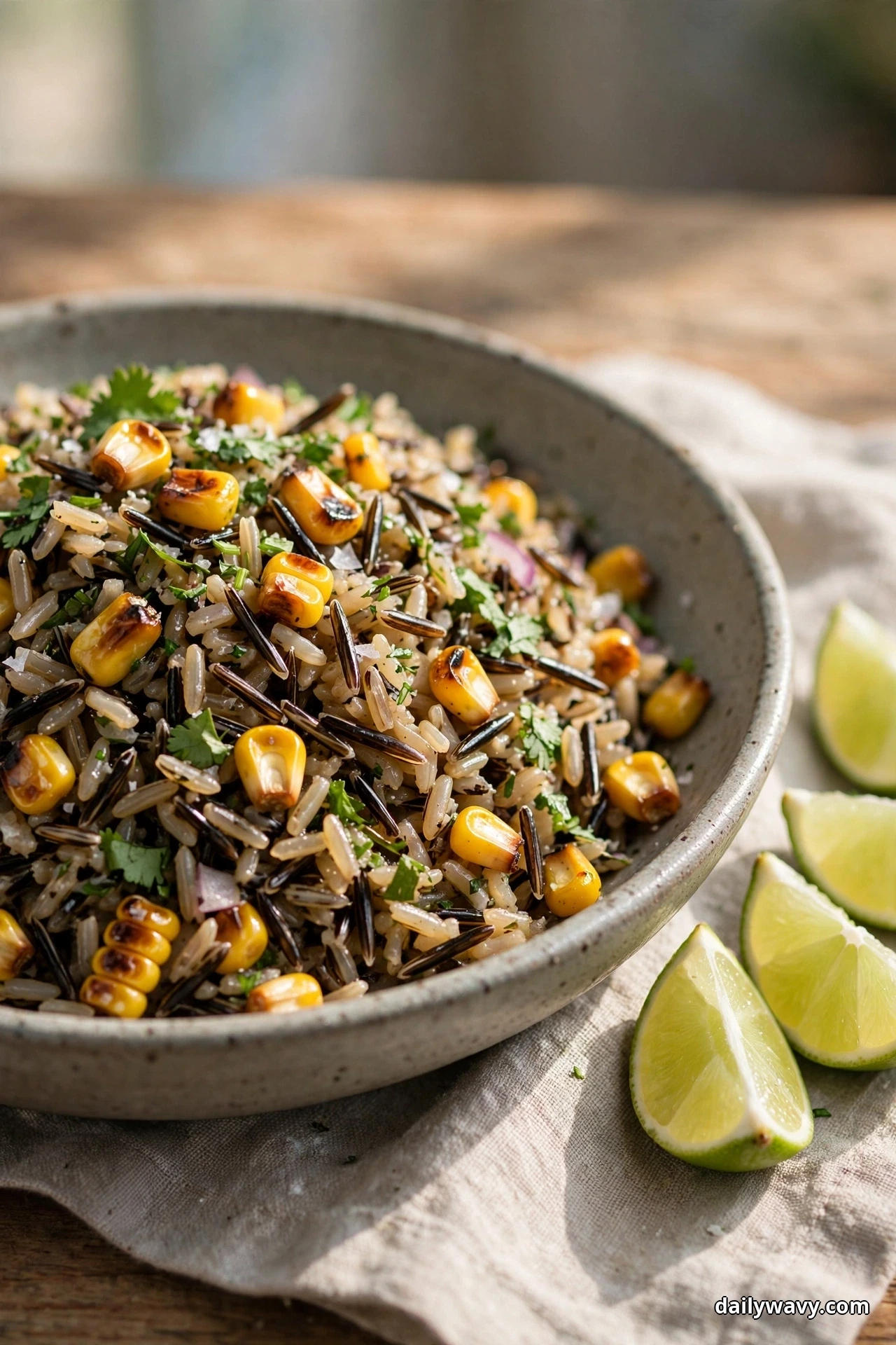 A bowl of wild rice salad with charred corn kernels and chopped cilantro rests beside lime wedges on a linen cloth