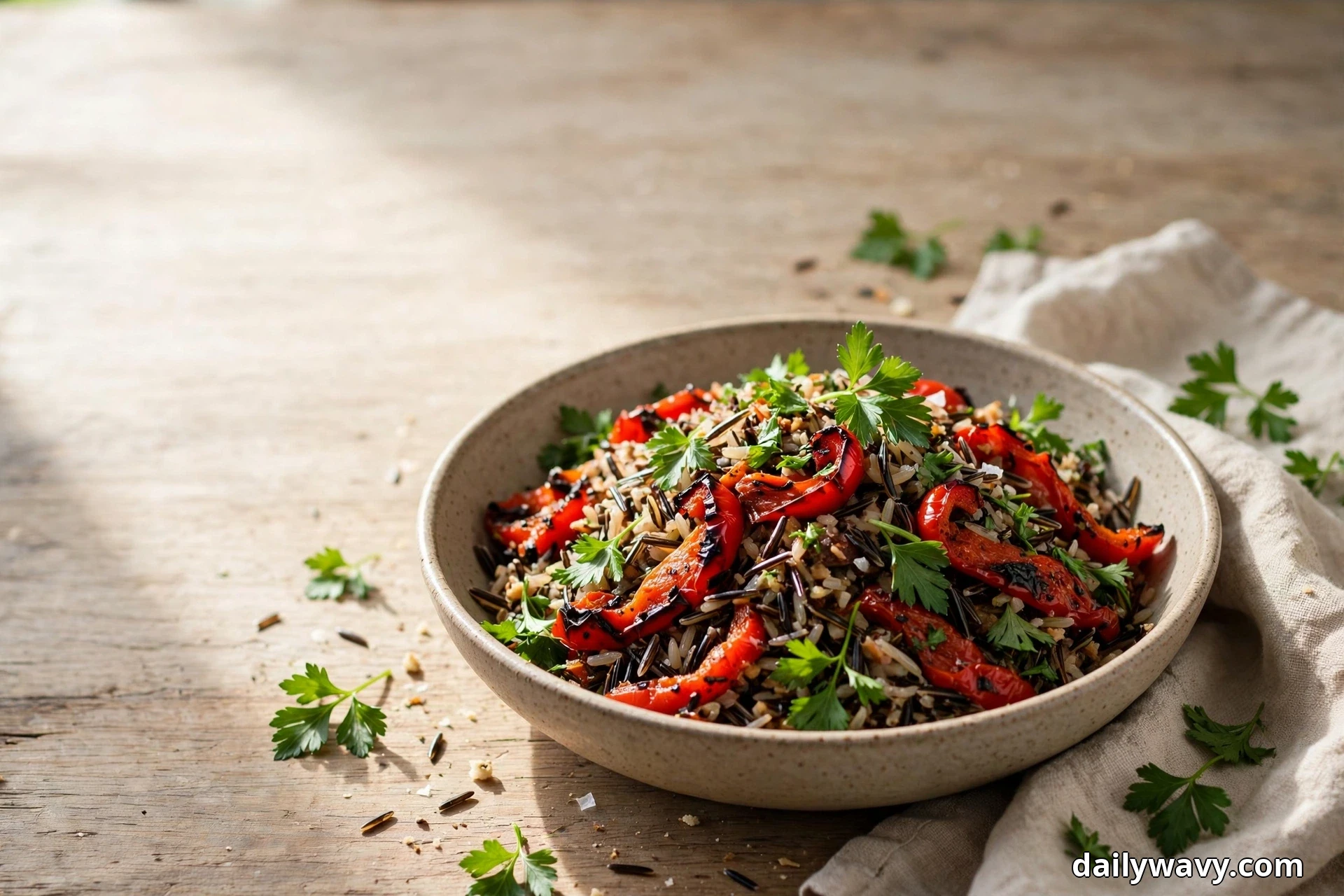 A speckled shallow bowl of wild rice salad with charred roasted red pepper strips and flat-leaf parsley leaves sits on a wooden table beside a linen cloth