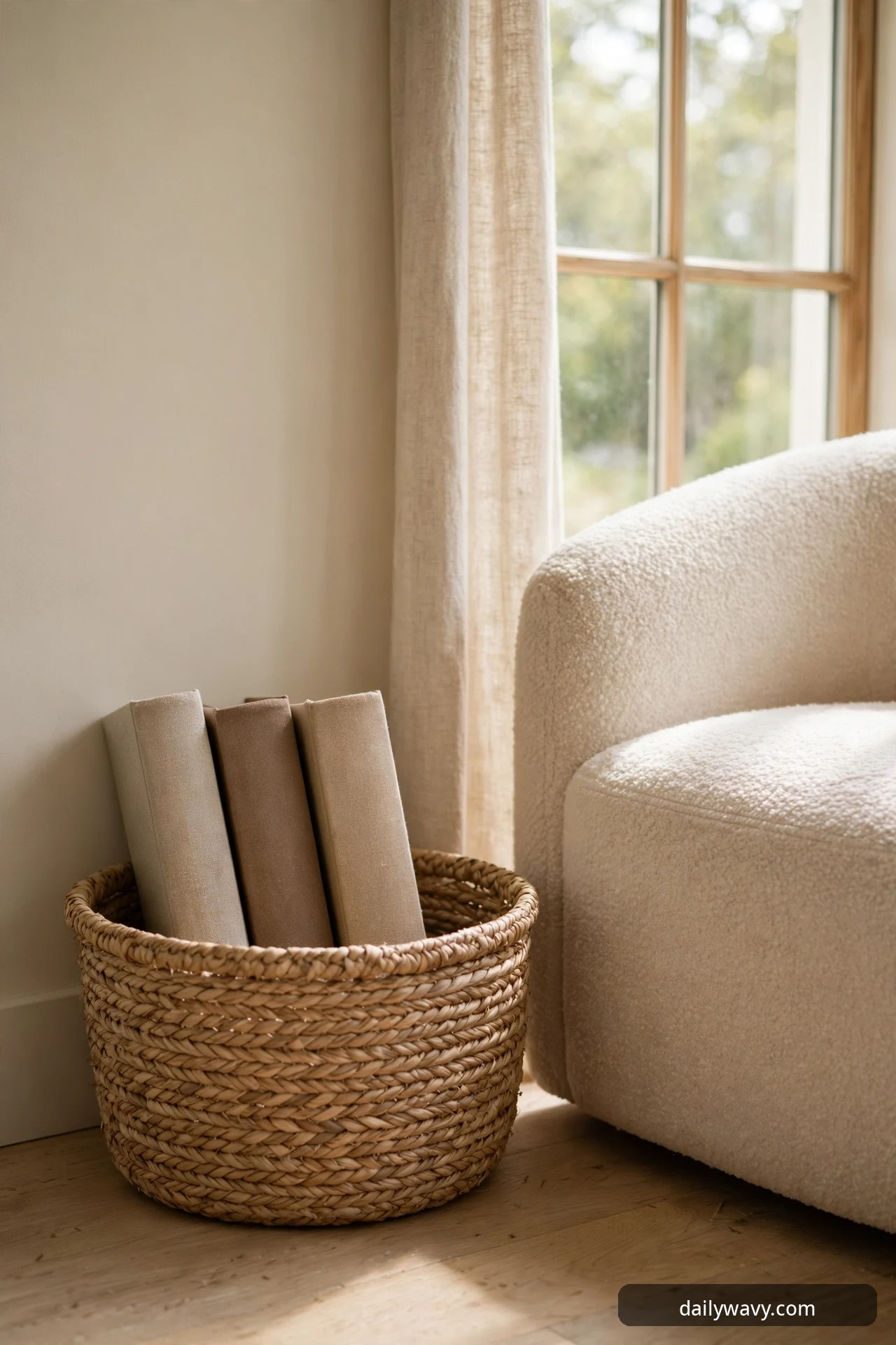A close-up of a woven seagrass basket holding three linen-covered books beside the arm of a cream boucle chair, with a sheer curtain and a wood-framed window behind.