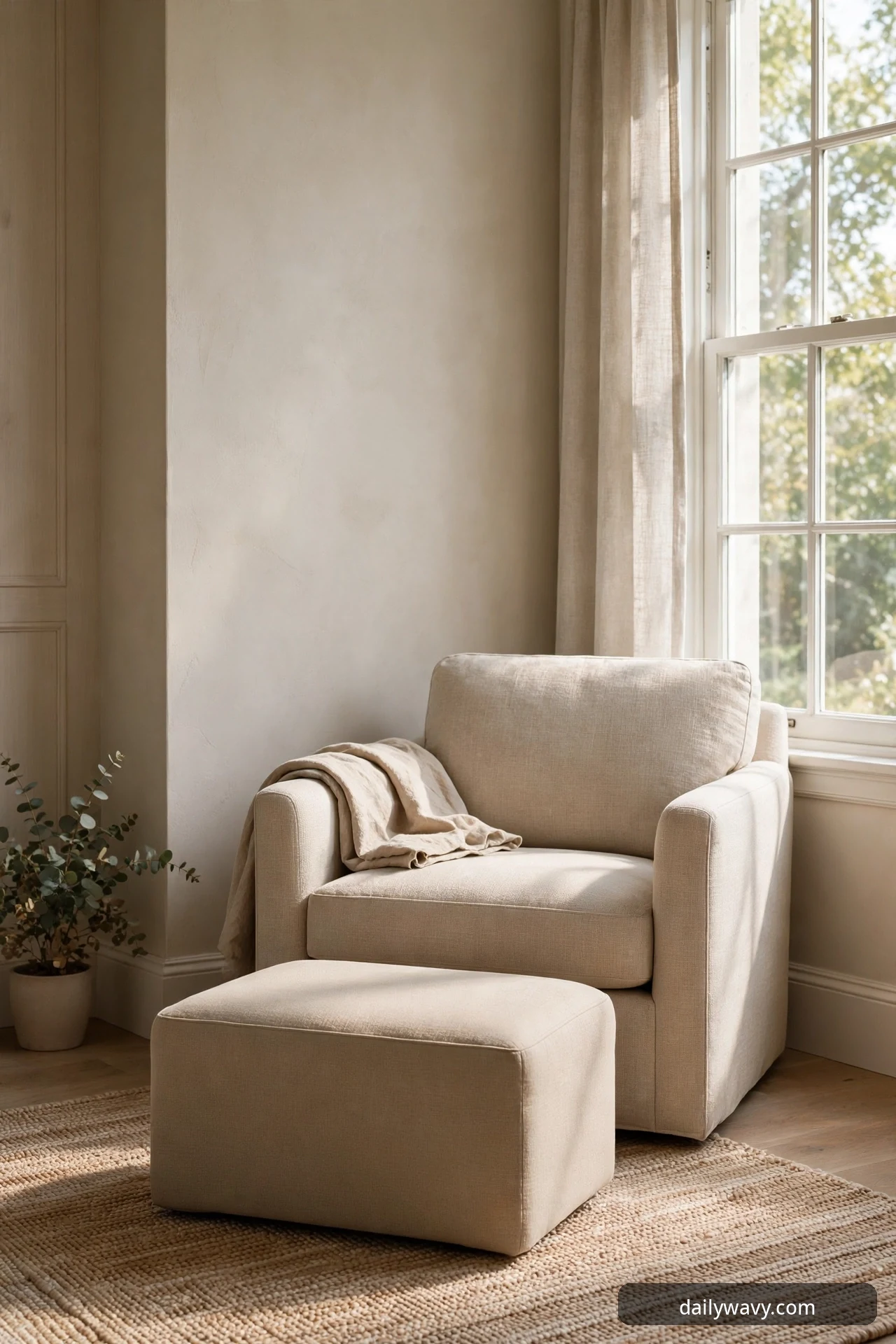 A beige linen armchair with a matching rectangular upholstered ottoman sits by a white-framed window, a folded knit throw over the arm and a eucalyptus plant in a white pot beside it on a textured rug.
