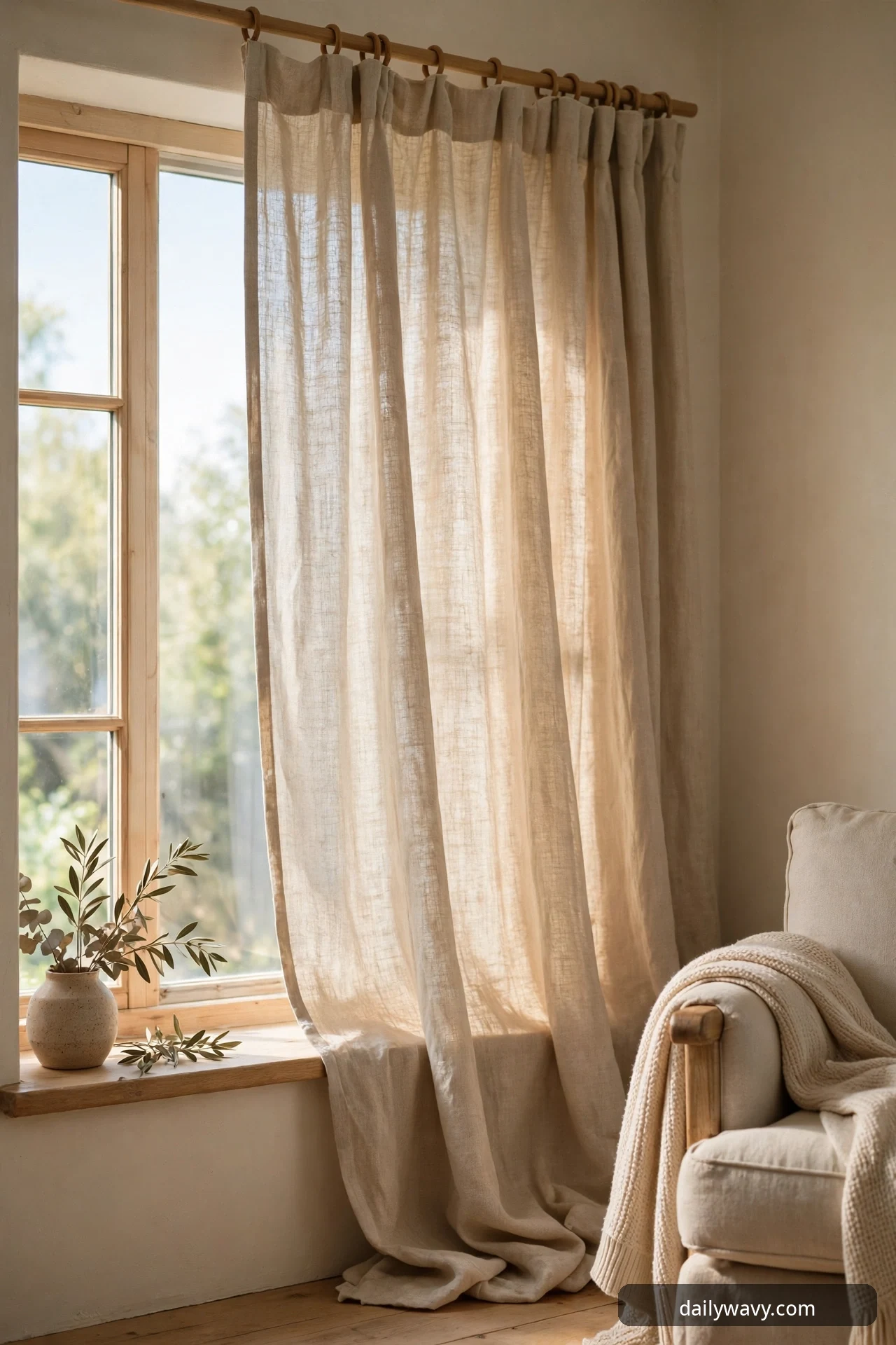 A sheer linen curtain panel hangs from a wooden rod with rings beside a wood-framed window, with a ceramic vase holding an olive branch on the deep sill and the corner of an armchair with a knit throw.