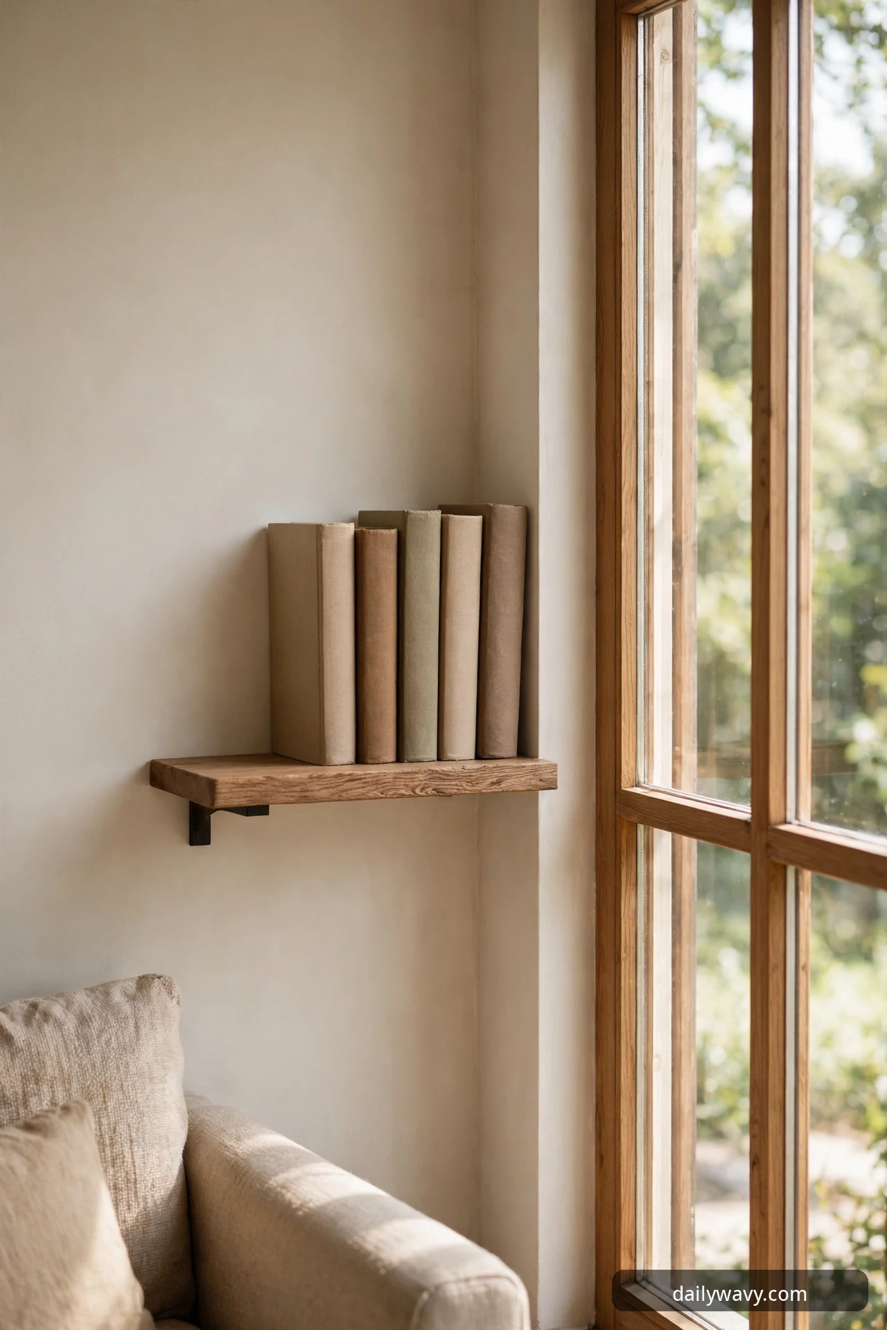 A thick wood shelf on a black metal bracket holds six linen-covered books in neutral tones, mounted on a wall beside a tall wood-framed window with the arm of a beige chair below.