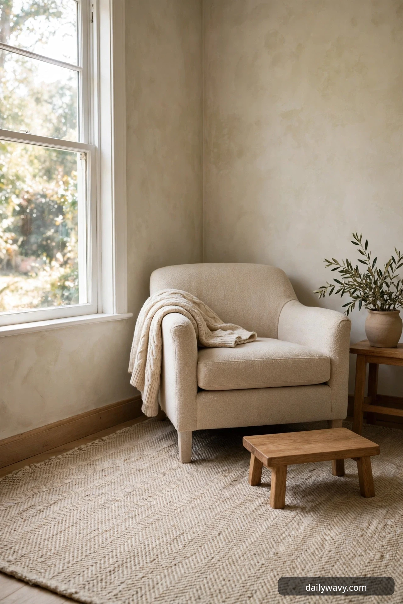 A cream boucle armchair with a cable-knit throw sits in a window corner on a textured wool rug, with a small wooden footstool and a potted olive branch on a side table beside it.